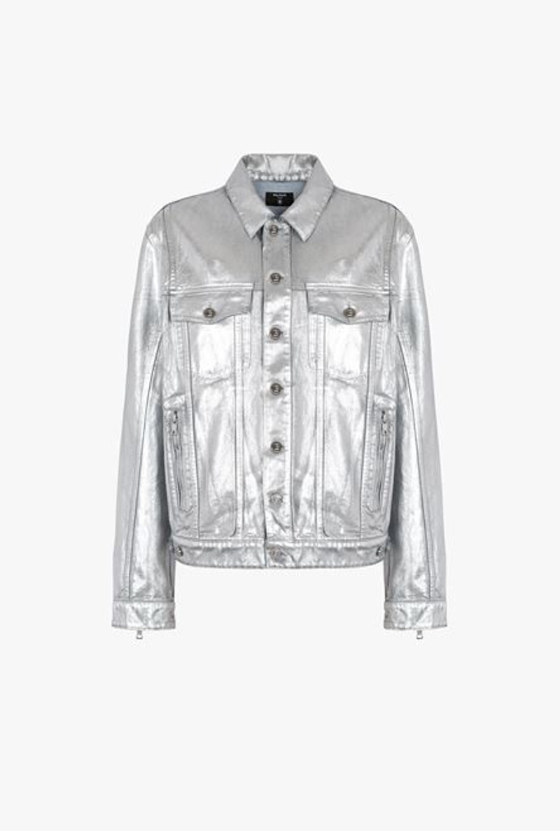 Silvery jean jacket with embossed Balmain logo 1