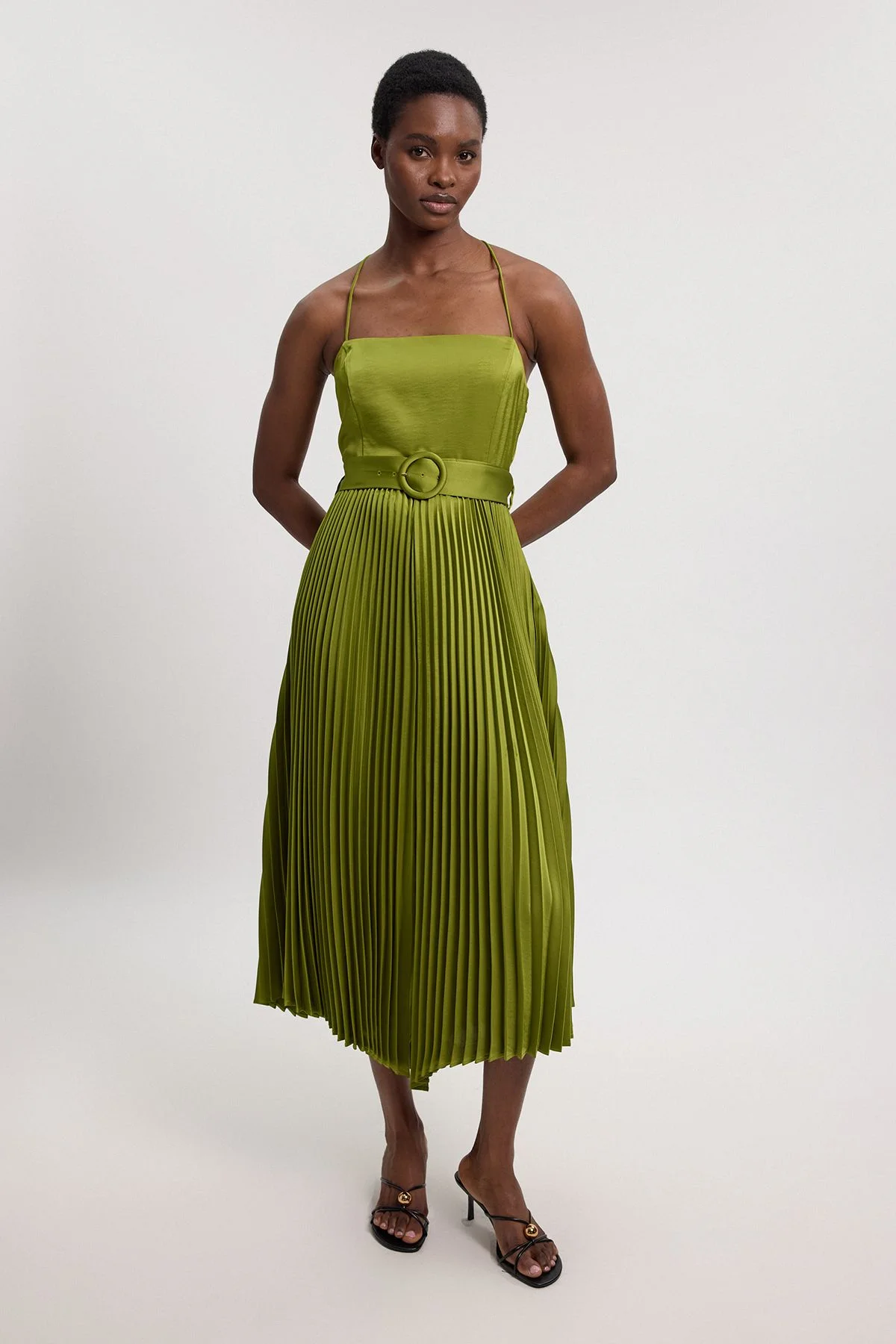Satin Pleated Woven Midi Dress - 1