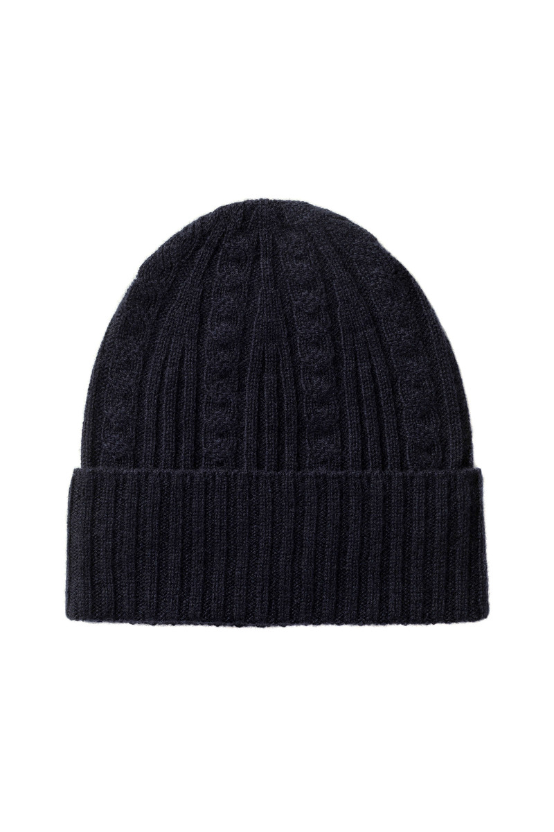 Cable & Rib Navy Cashmere Beanie 1