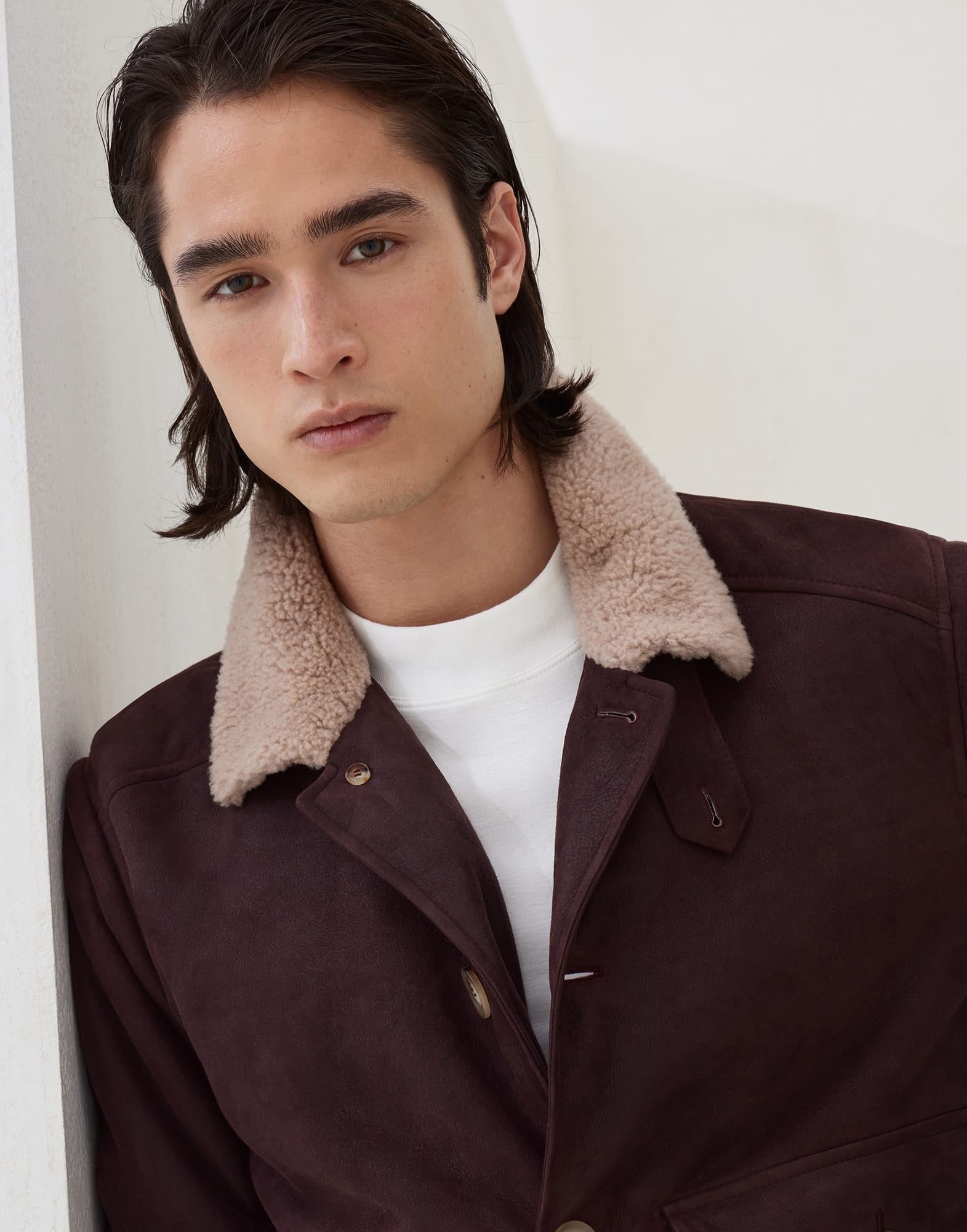 Nubuck-effect shearling aviator jacket with cashmere knit inserts - 3