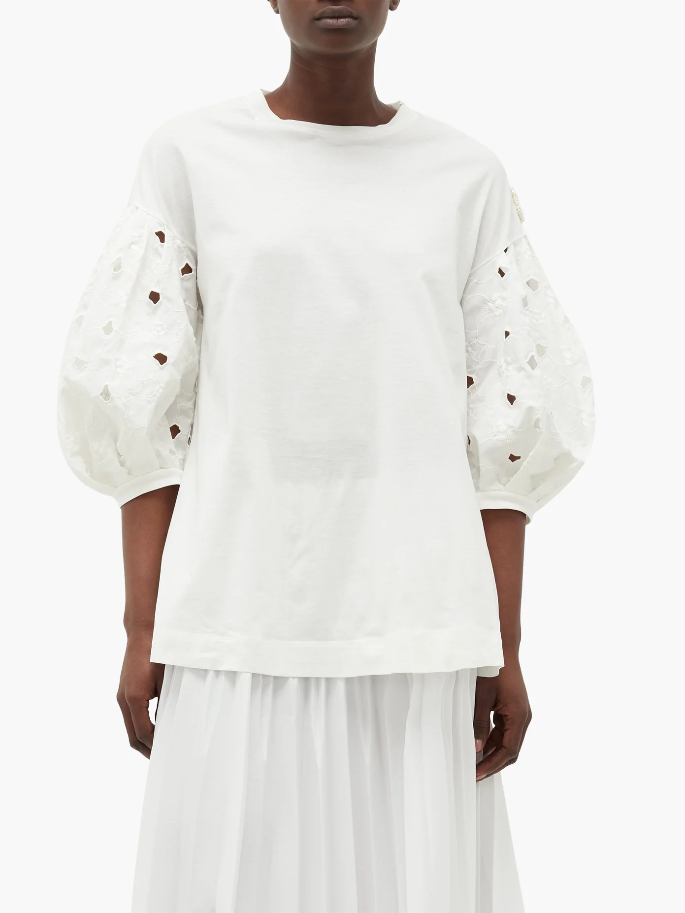 Broderie anglaise-sleeved cotton-jersey T-shirt - 6