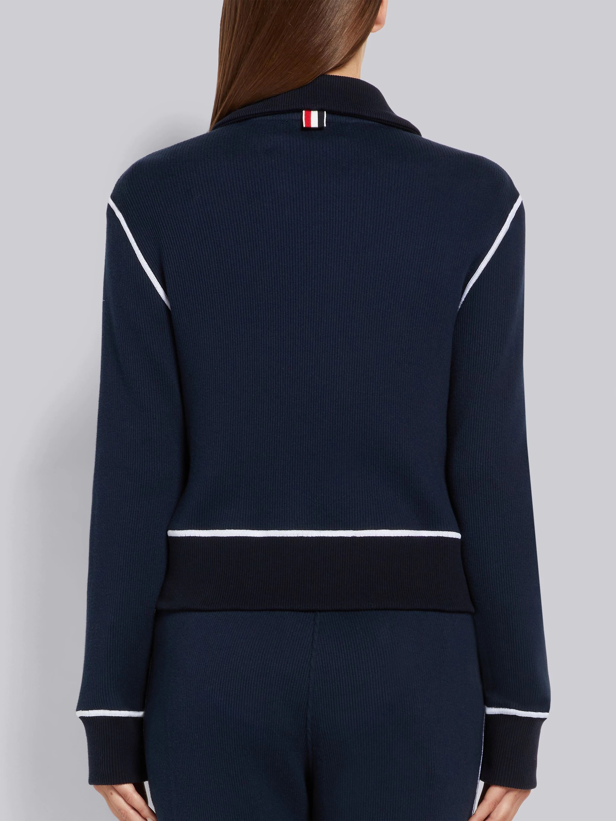 Navy Mesh Back Cotton Rib Contrast Cover Stitch Round Collar Jacket - 3