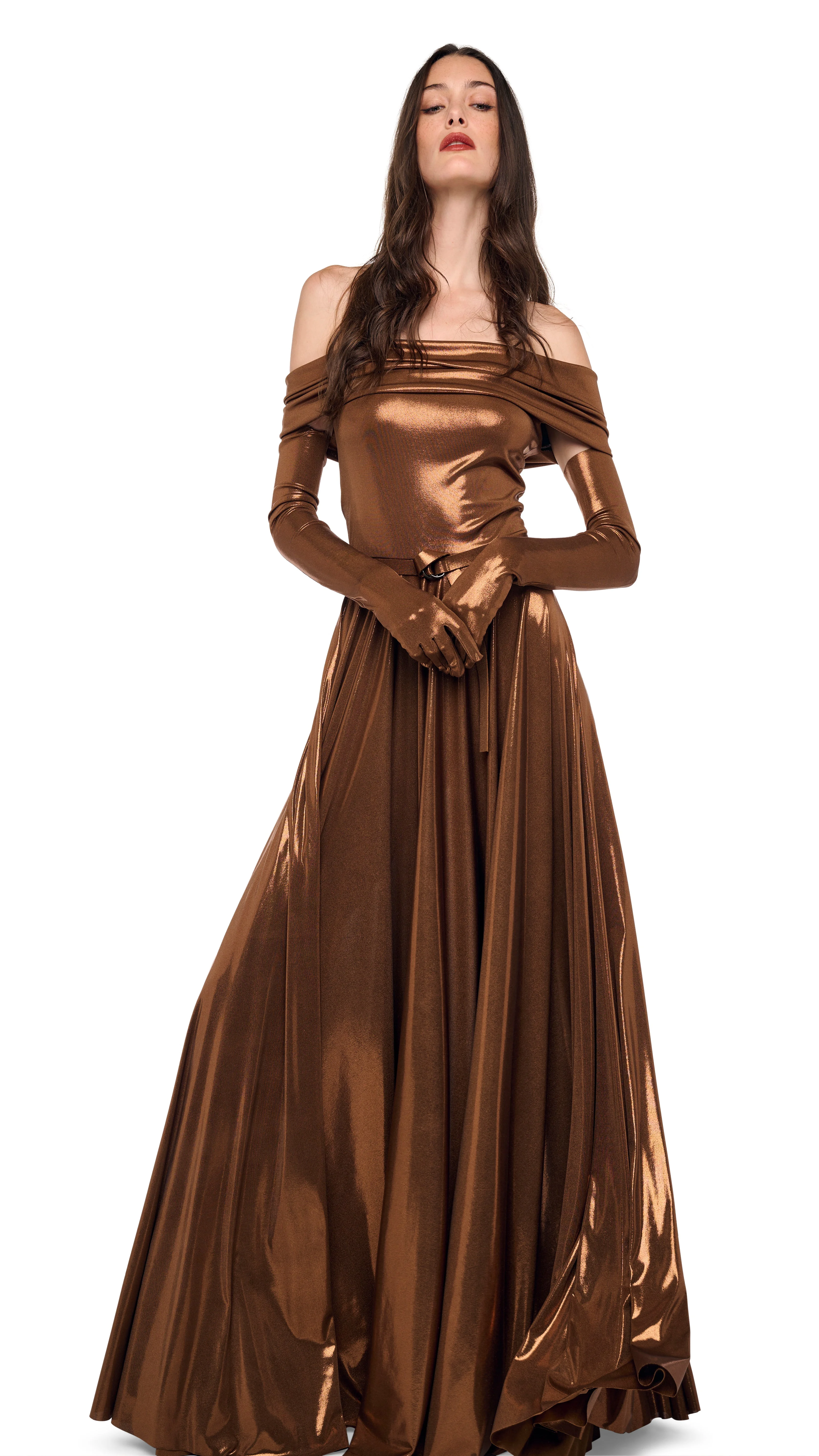 SLEEVELESS COWL NECK FLARED GOWN - 1