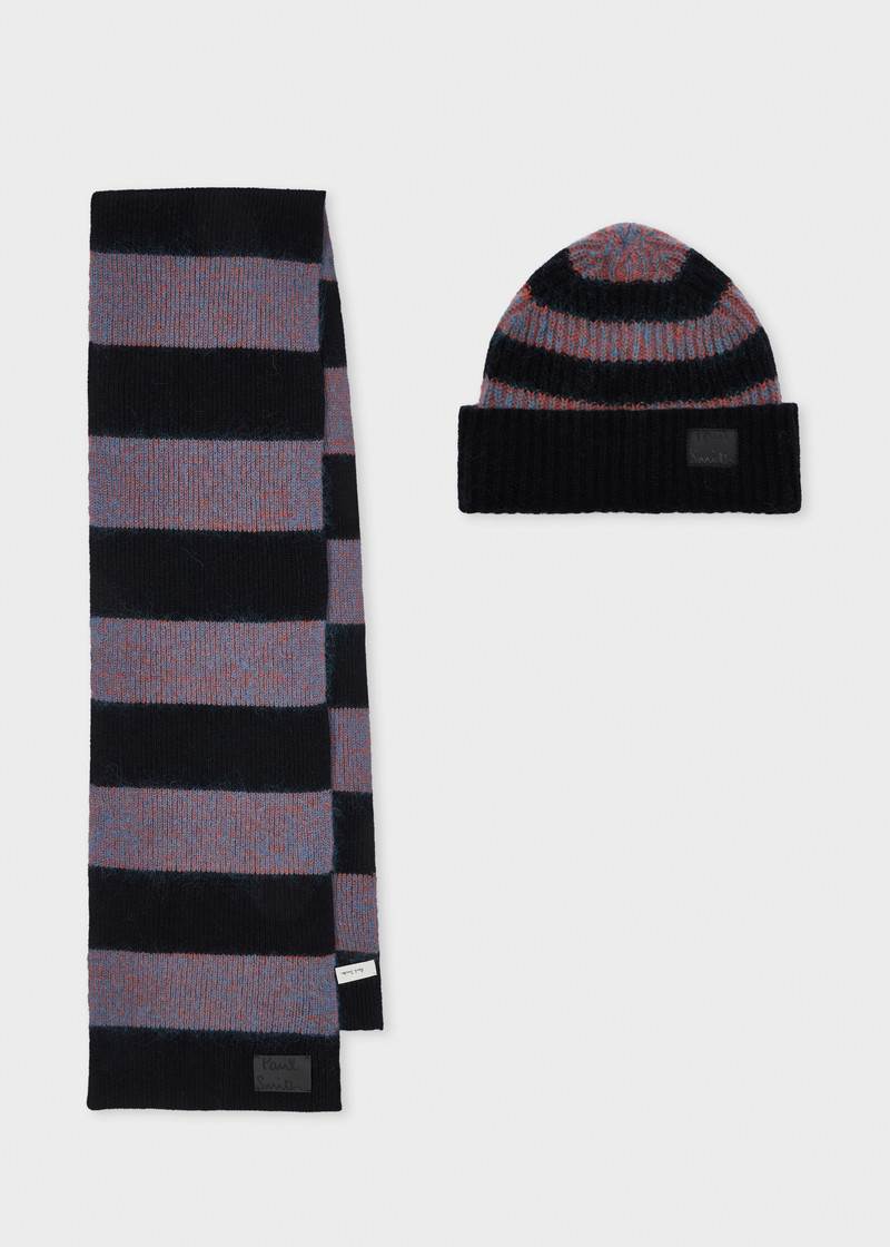 Black Stripe Lambswool-Mohair Chunky Knit Beanie and Scarf Set 1