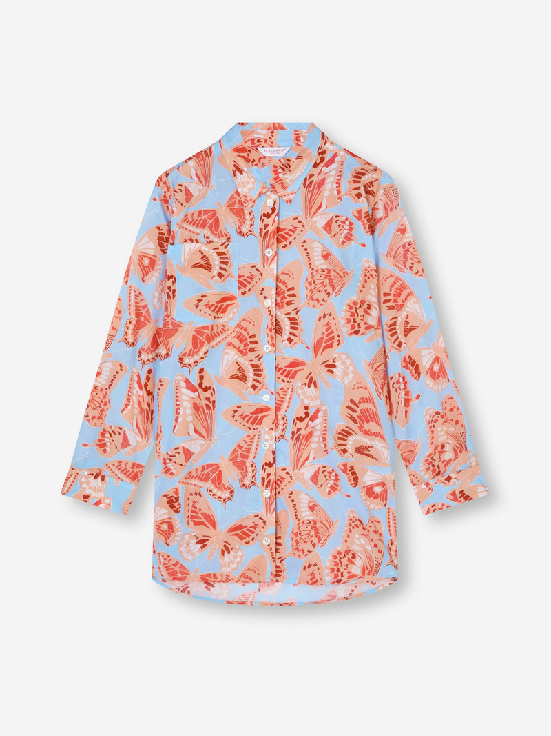 Women's Nightshirt Cotton Batiste Light Blue & Peach Butterfly Print 6