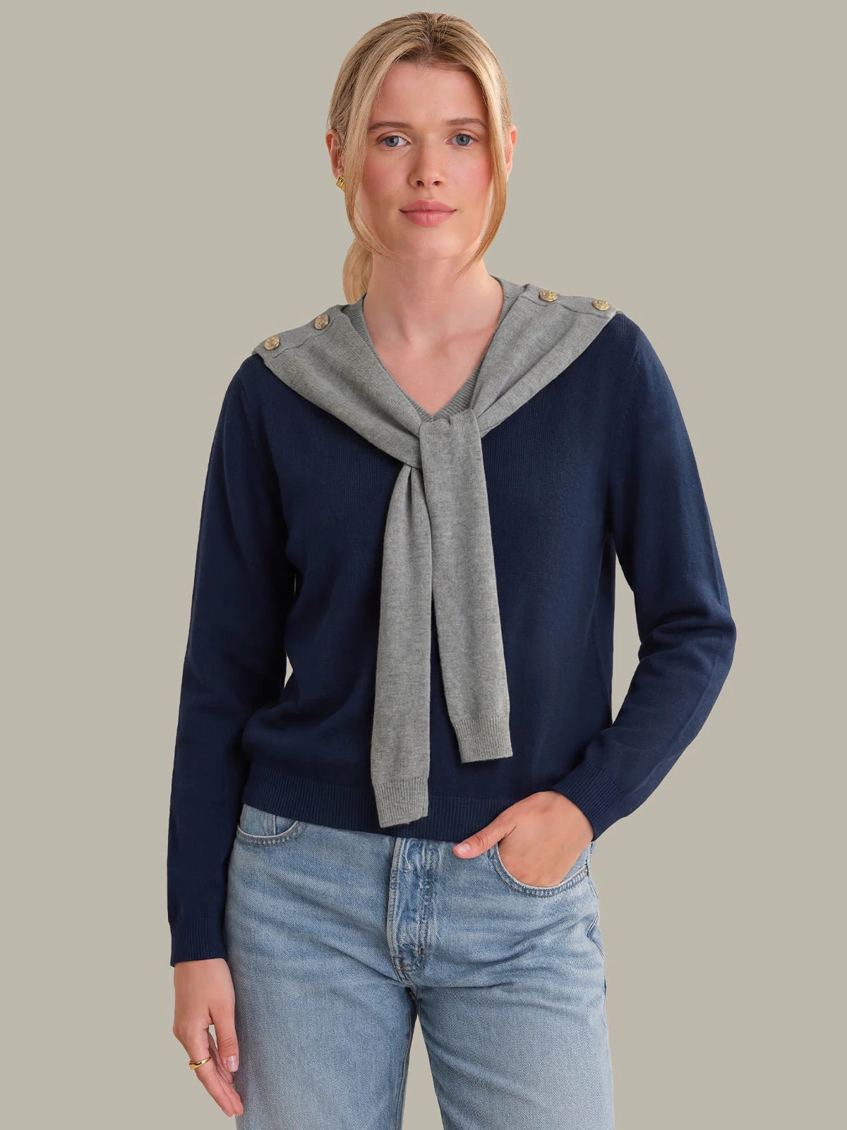 Cerise: Cotton Shawl V-Neck Pullover - 1
