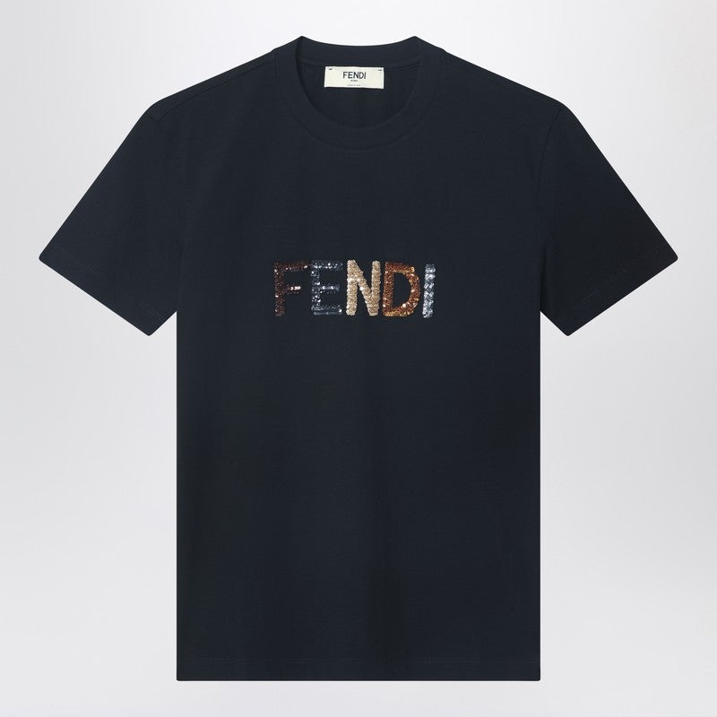 FENDI FENDI BLACK T-SHIRT WITH LOGO シンプル Tシャツ ロゴ FENDI Fendi Black T-Shirt With Sequin Logo Embroidery Women