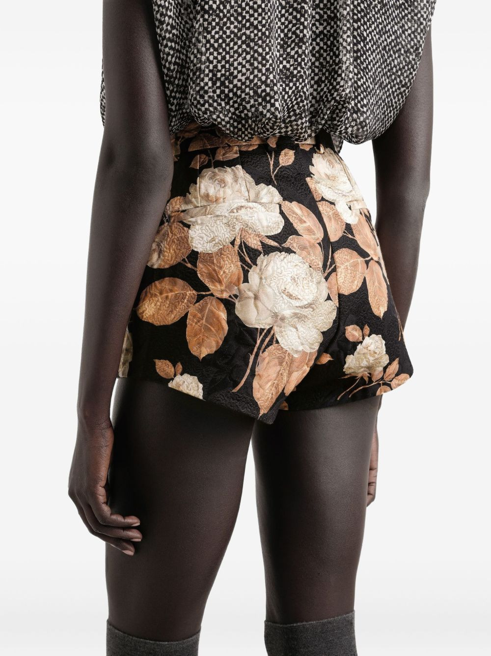 rose-print brocade high-waisted shorts - 5