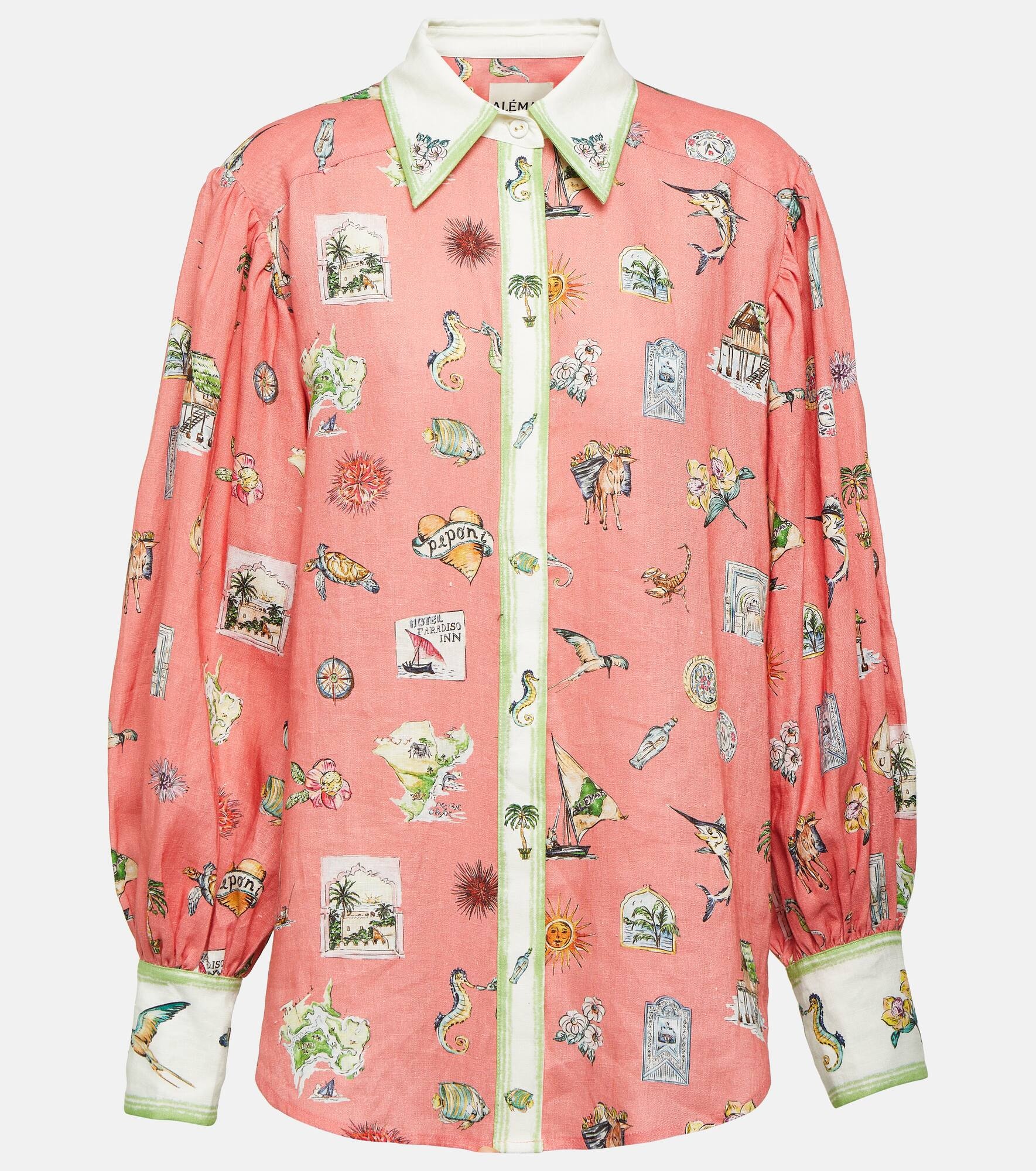 Puff-sleeve printed linen shirt - 1