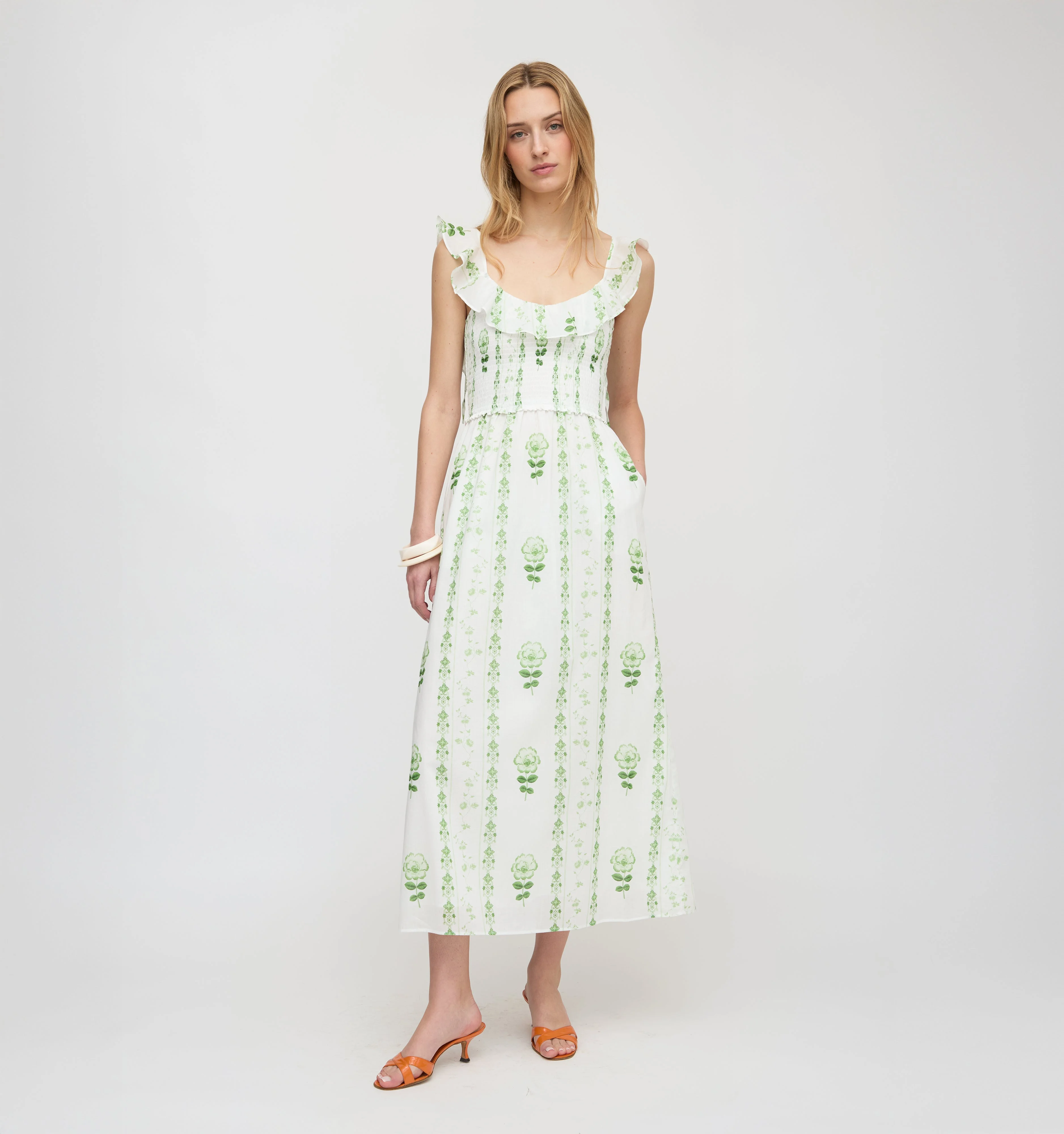 The Cambria Nap Dress - White/Green Arcadia Border - 1