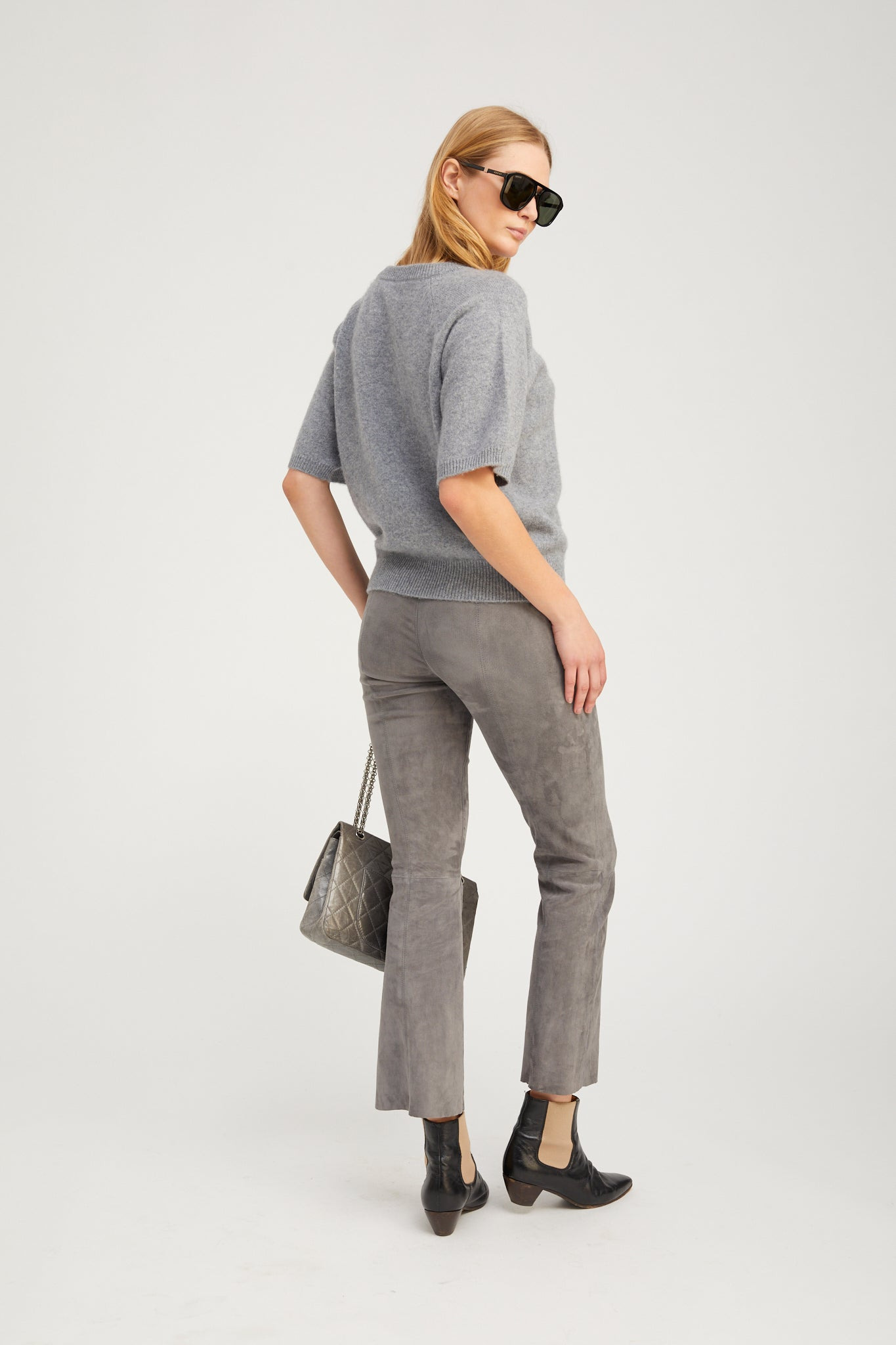 GREY CASHMERE SHORT SLEEVE RAGLAN SWEATER - 2