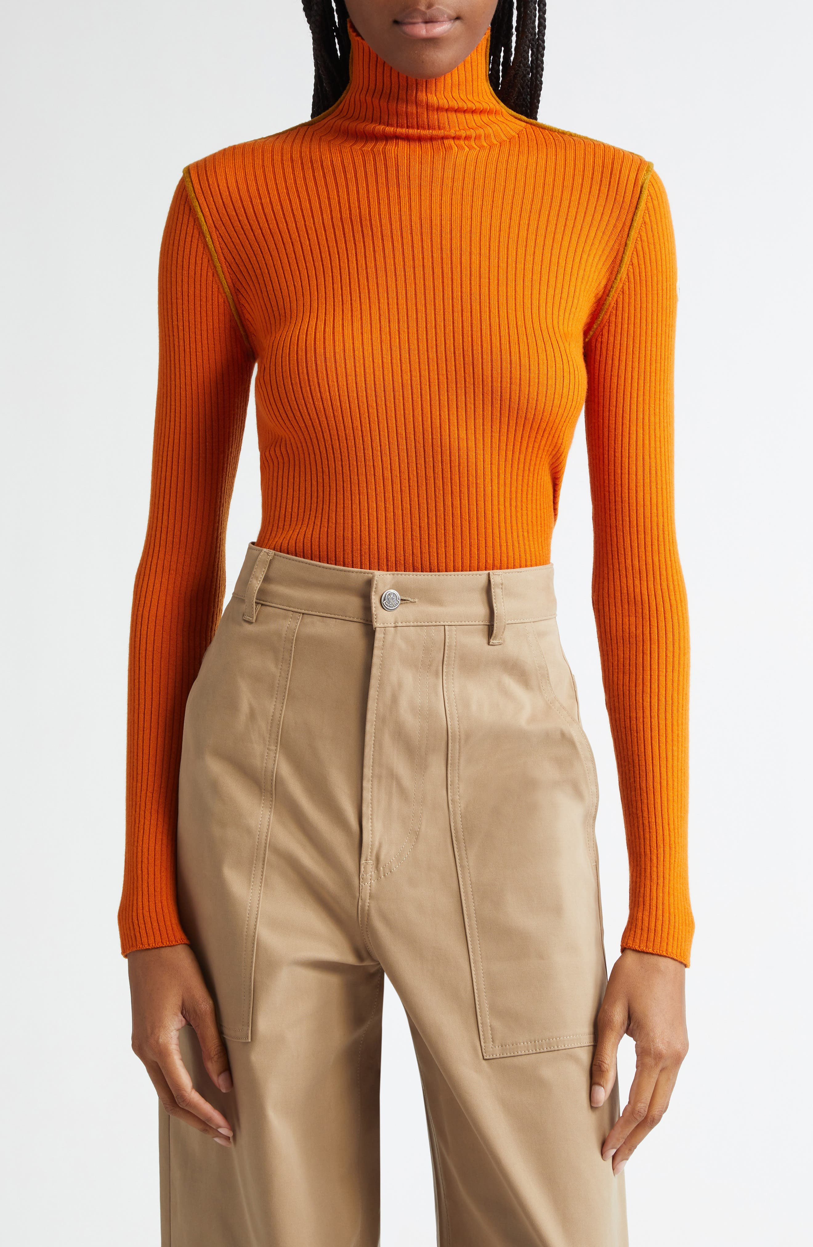 Moncler Fitted Virgin Wool Rib Turtleneck Sweater in Orange at Nordstrom - 1