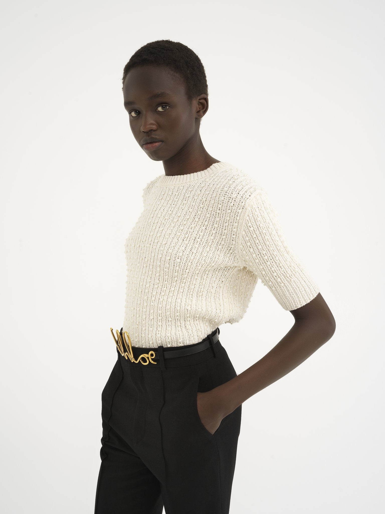 SHORT-SLEEVE PEARL SWEATER IN WOOL & CASHMERE - 4