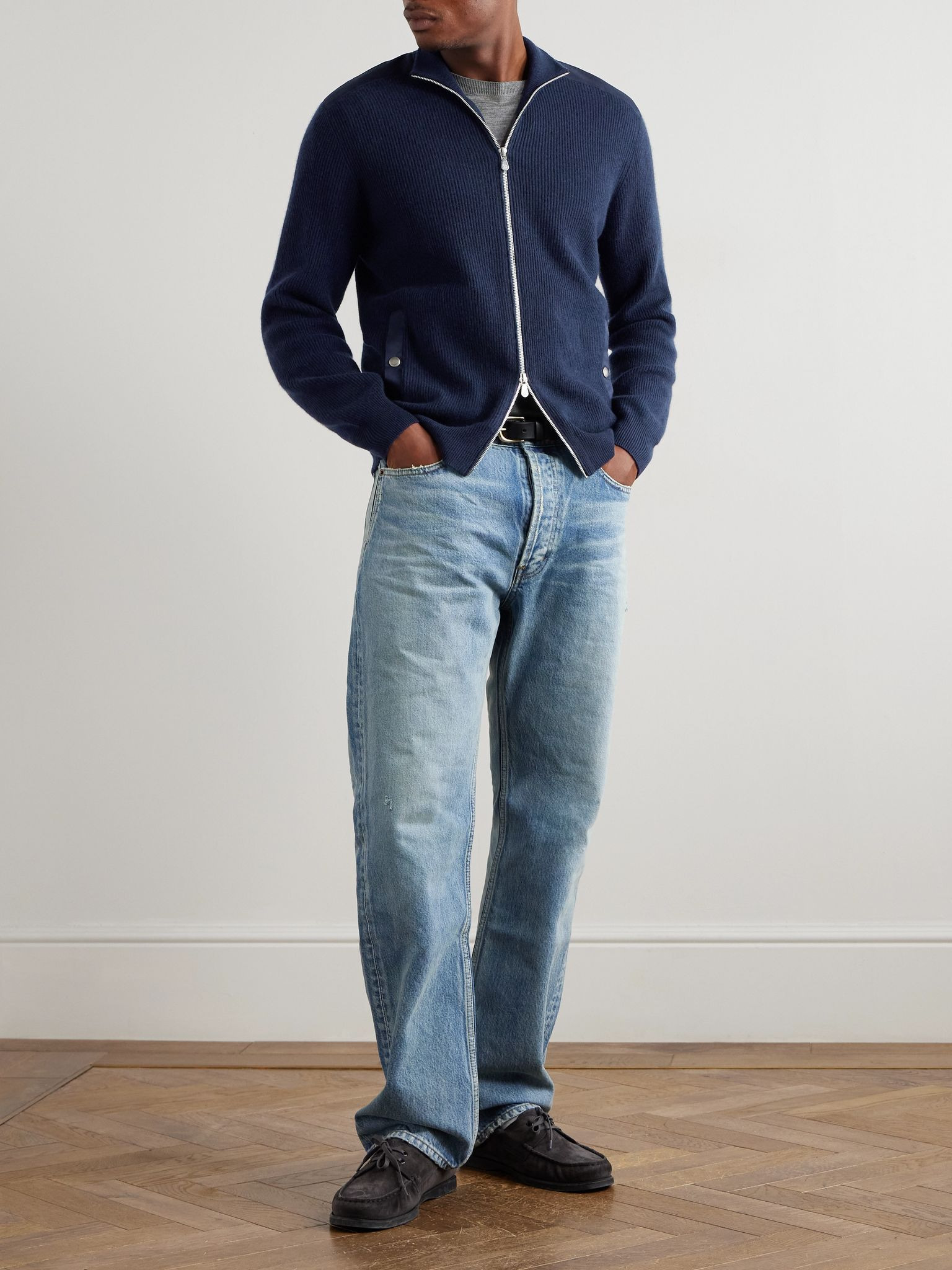 Cotton Twill-Trimmed Ribbed Cashmere Zip-Up Cardigan Navy - 2