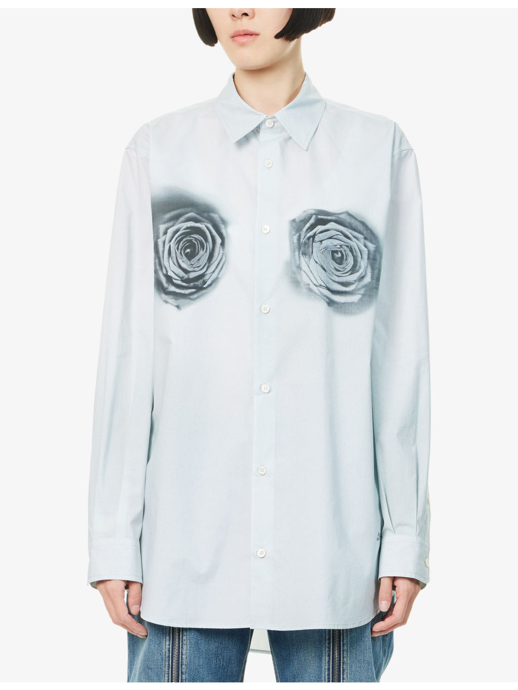 Rose-Print Curved-Hem Cotton-Poplin Shirt - 3