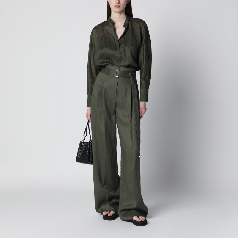Max Mara Studio High-waist wide-leg washed linen pants, khaki green outlook