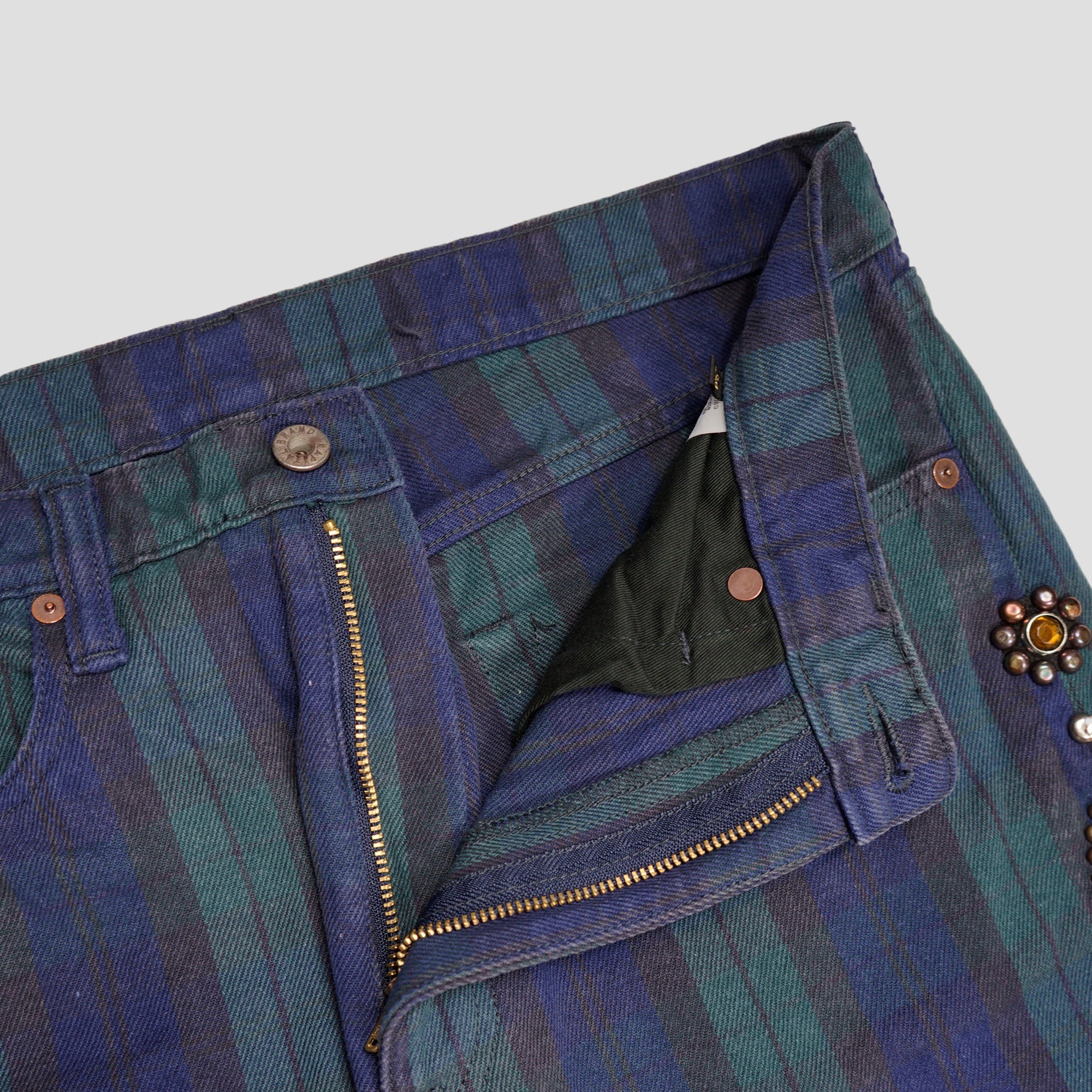 11oz TARTAN CHECK 5P MONEKY CISCO JEANS (STUDS REMAKE) - GREEN - 4