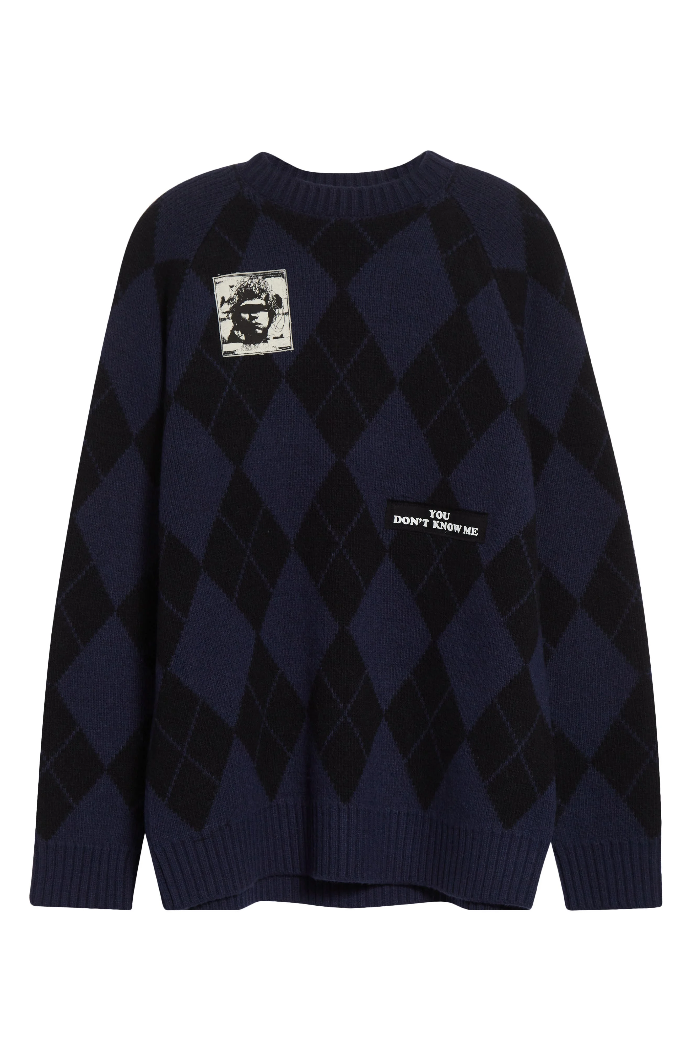 Undercover Embroidered Patch Argyle Plaid Wool Blend Sweater in Navy Base at Nordstrom - 1