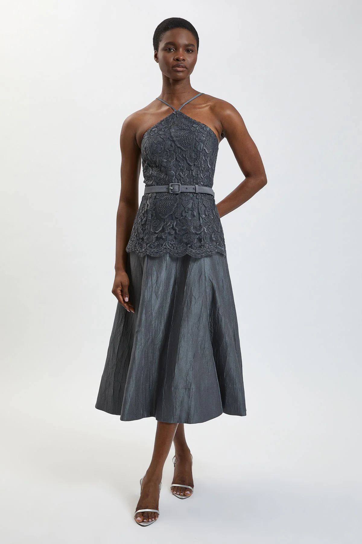 Petite Textured Sateen Lace Halter Neck Belted Midi Dress - 1
