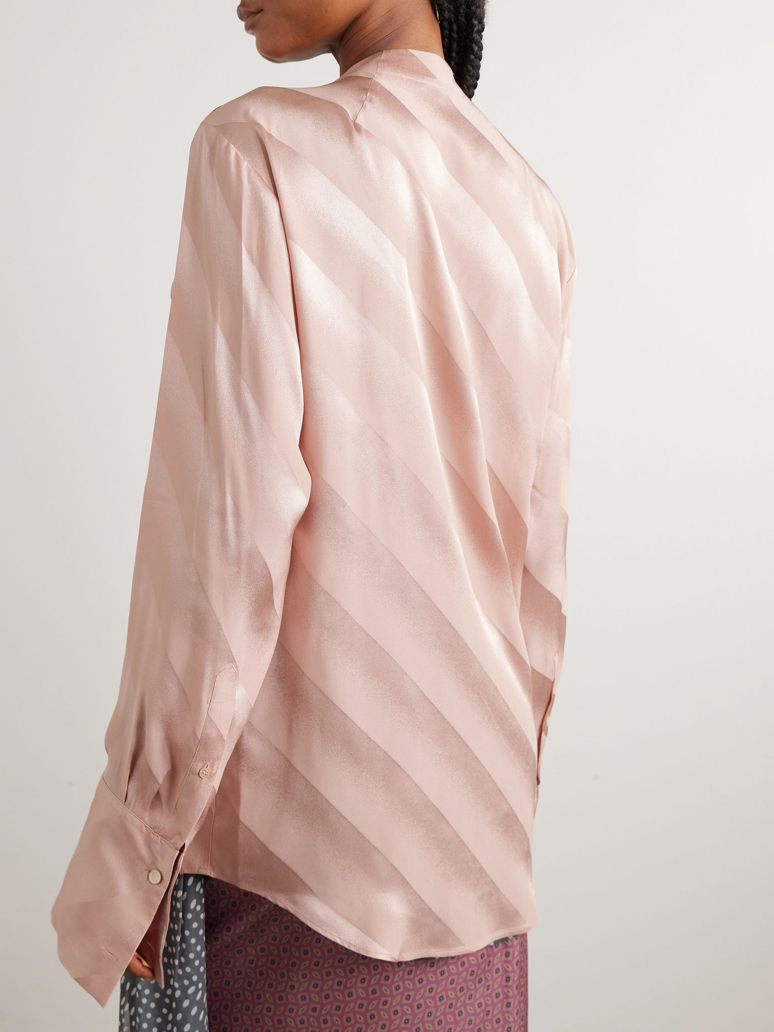 Striped silk-satin pussy-blow blouse Pink - 3