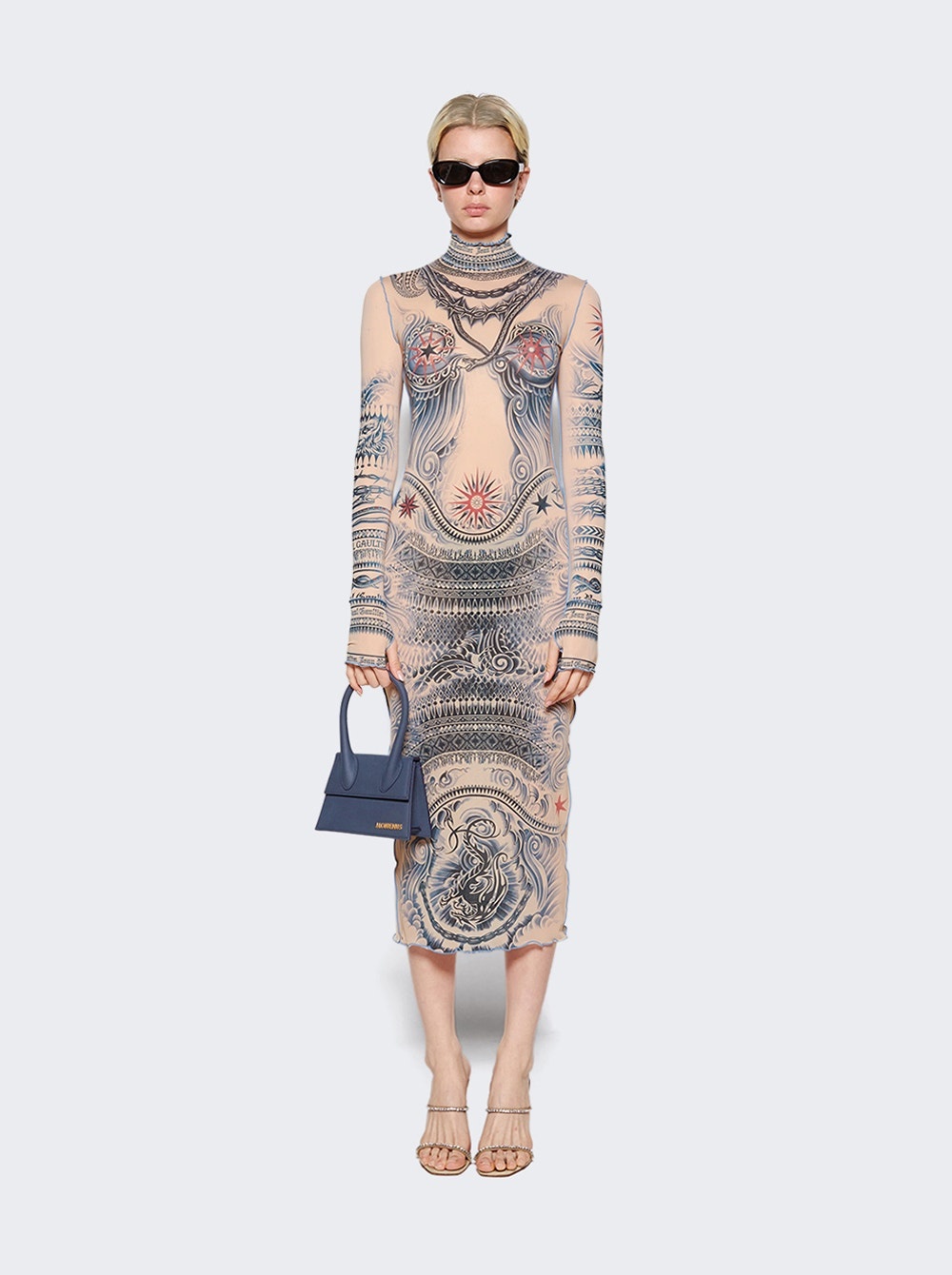 High Neck Printed Soleil Dress Nude And Blue - 2