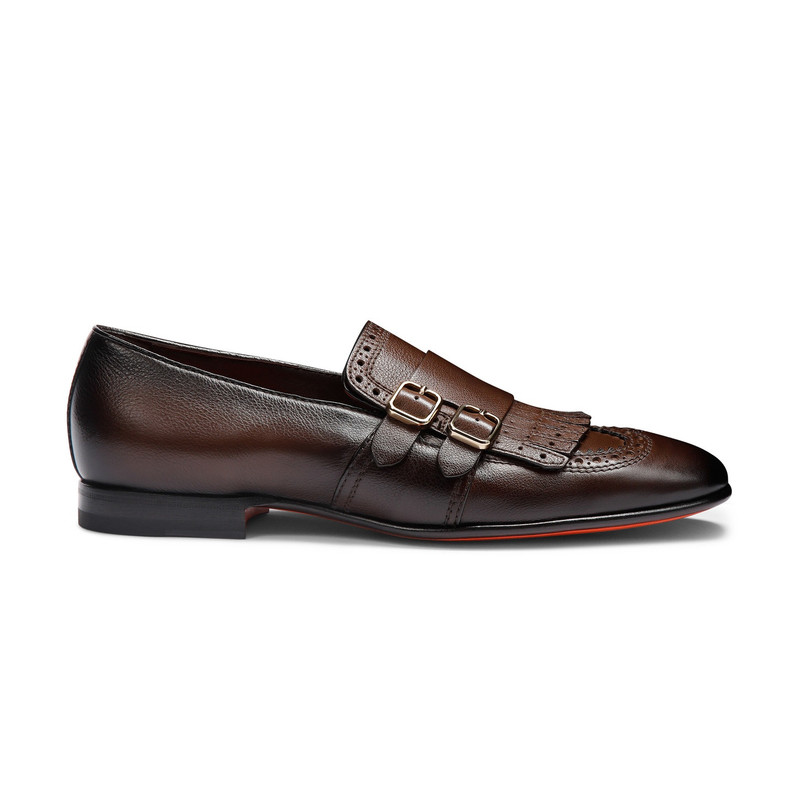 Men’s brown leather double-buckle loafer with fringe - 1