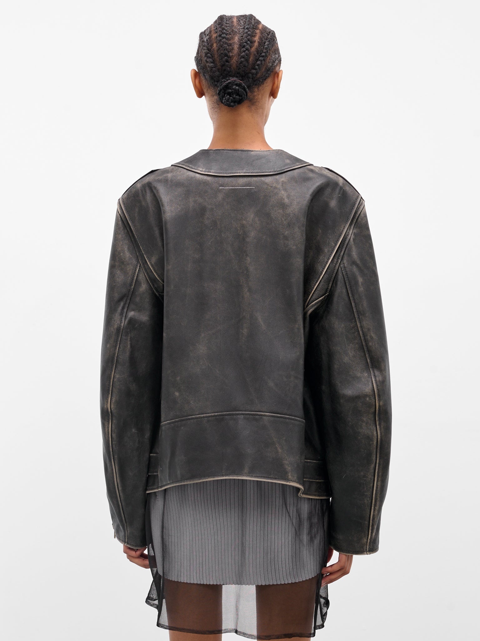 Black Worn Leather Biker Jacket - 3