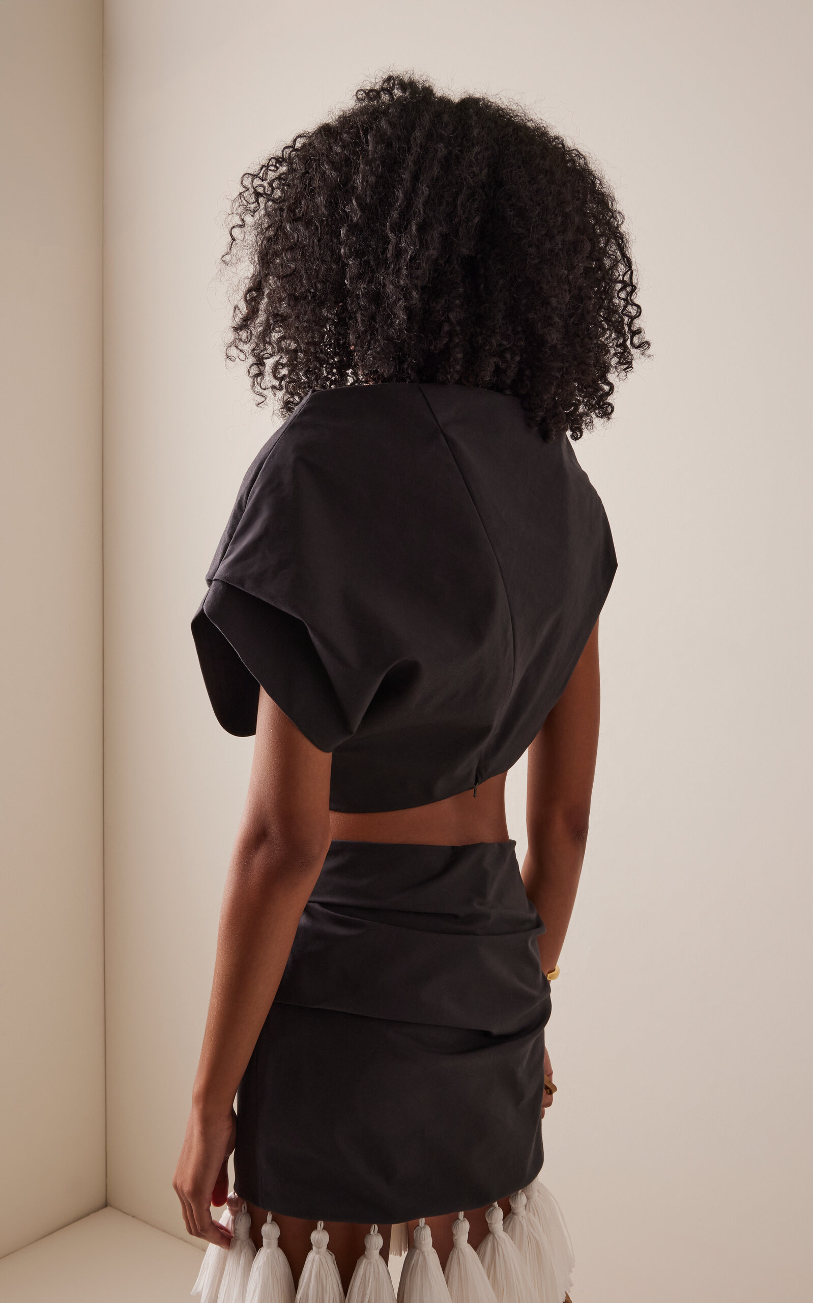 Exclusive RIviera Asymmetric Draped Satin Cotton Crop Top black - 4