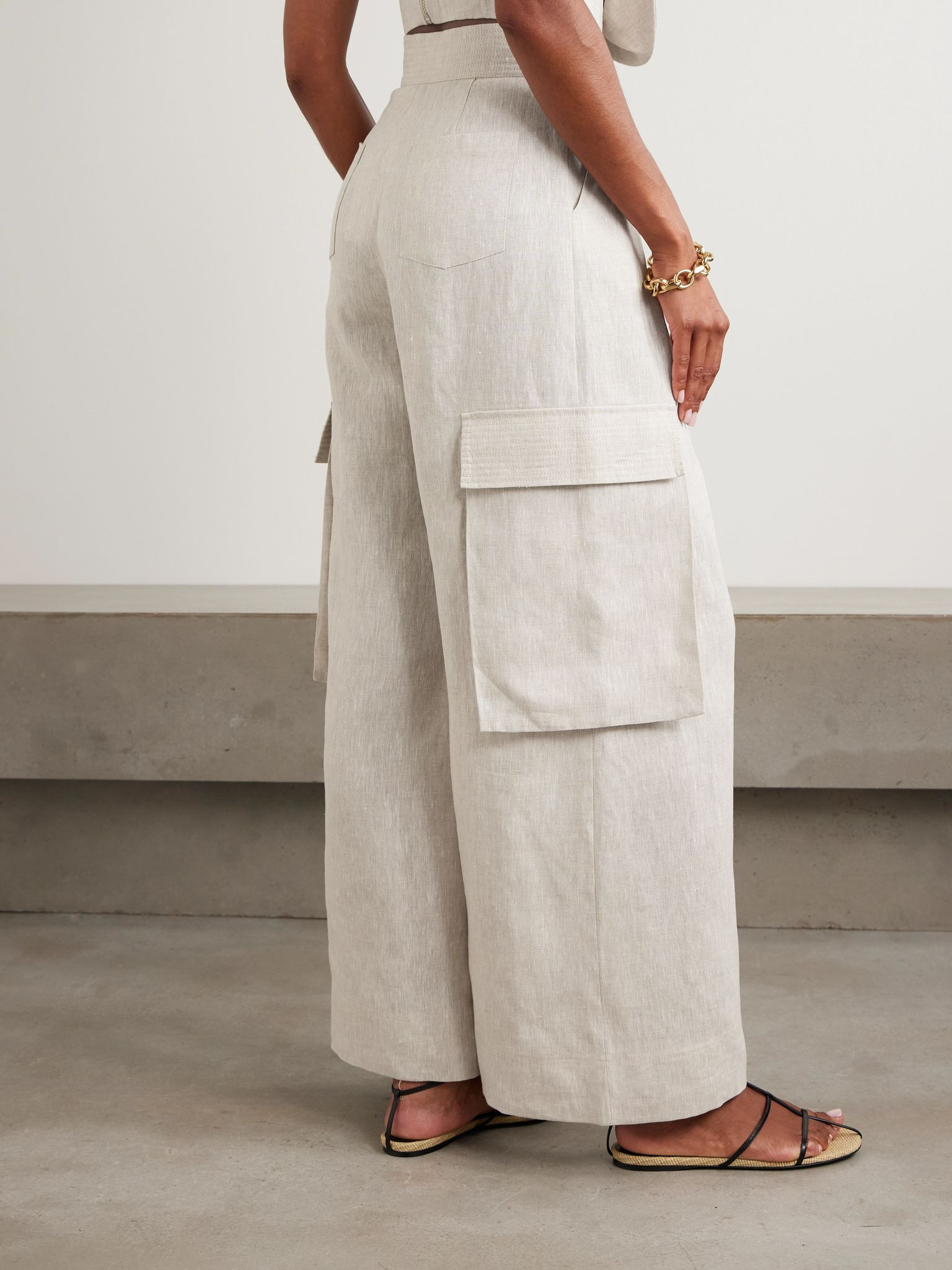 Mi Memoria pleated linen cargo wide-leg pants Off-white - 3