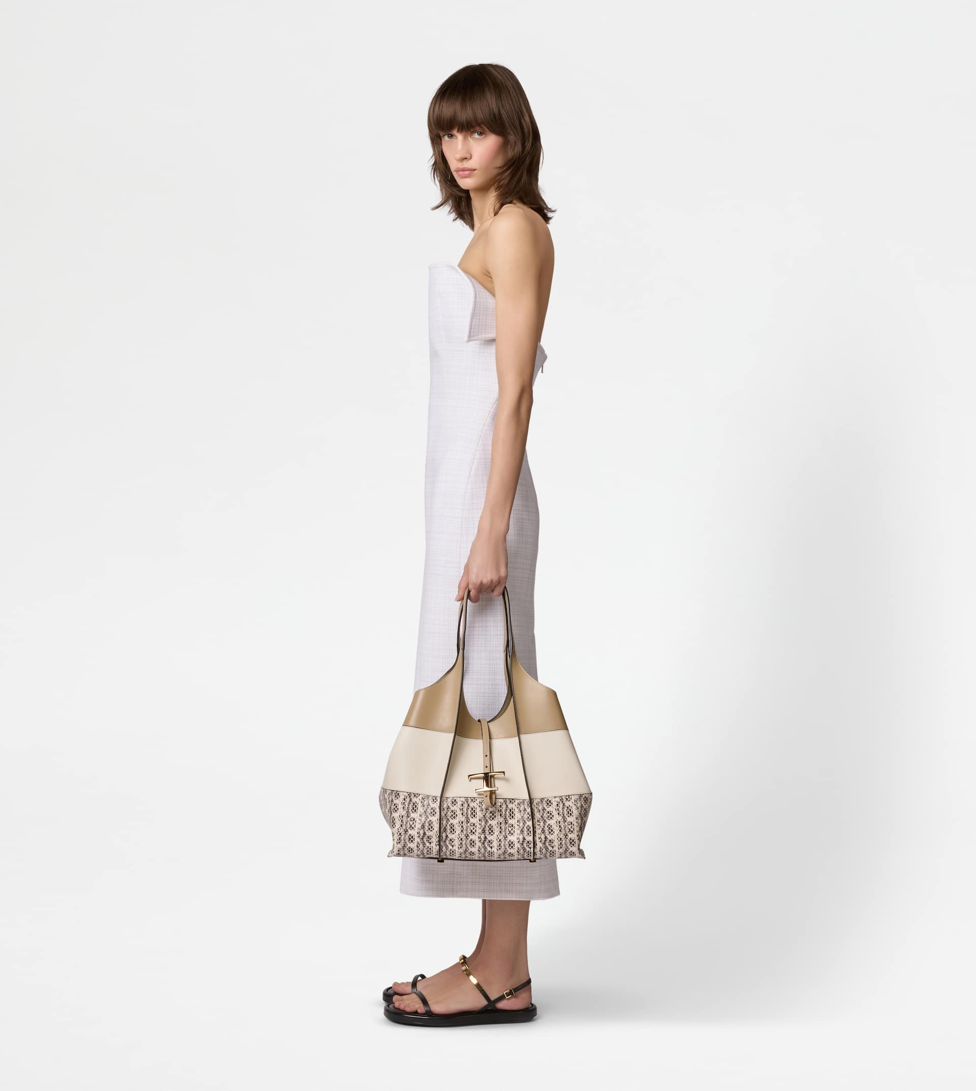 T TIMELESS SHOPPING BAG IN RAFFIA AND LEATHER MEDIUM - BEIGE, WHITE, BROWN - 7