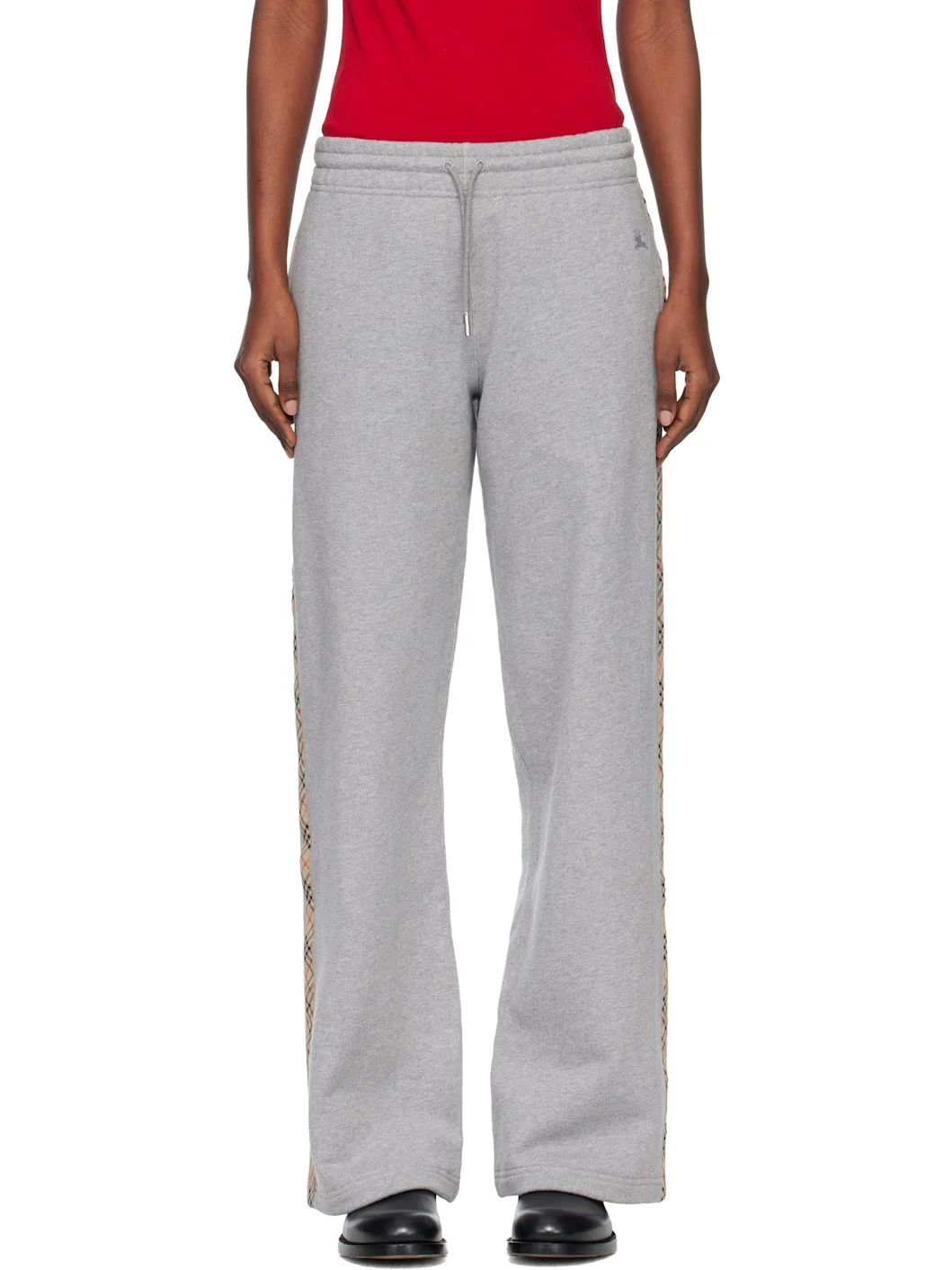 Gray Check Trim Cotton Track Pants - 1