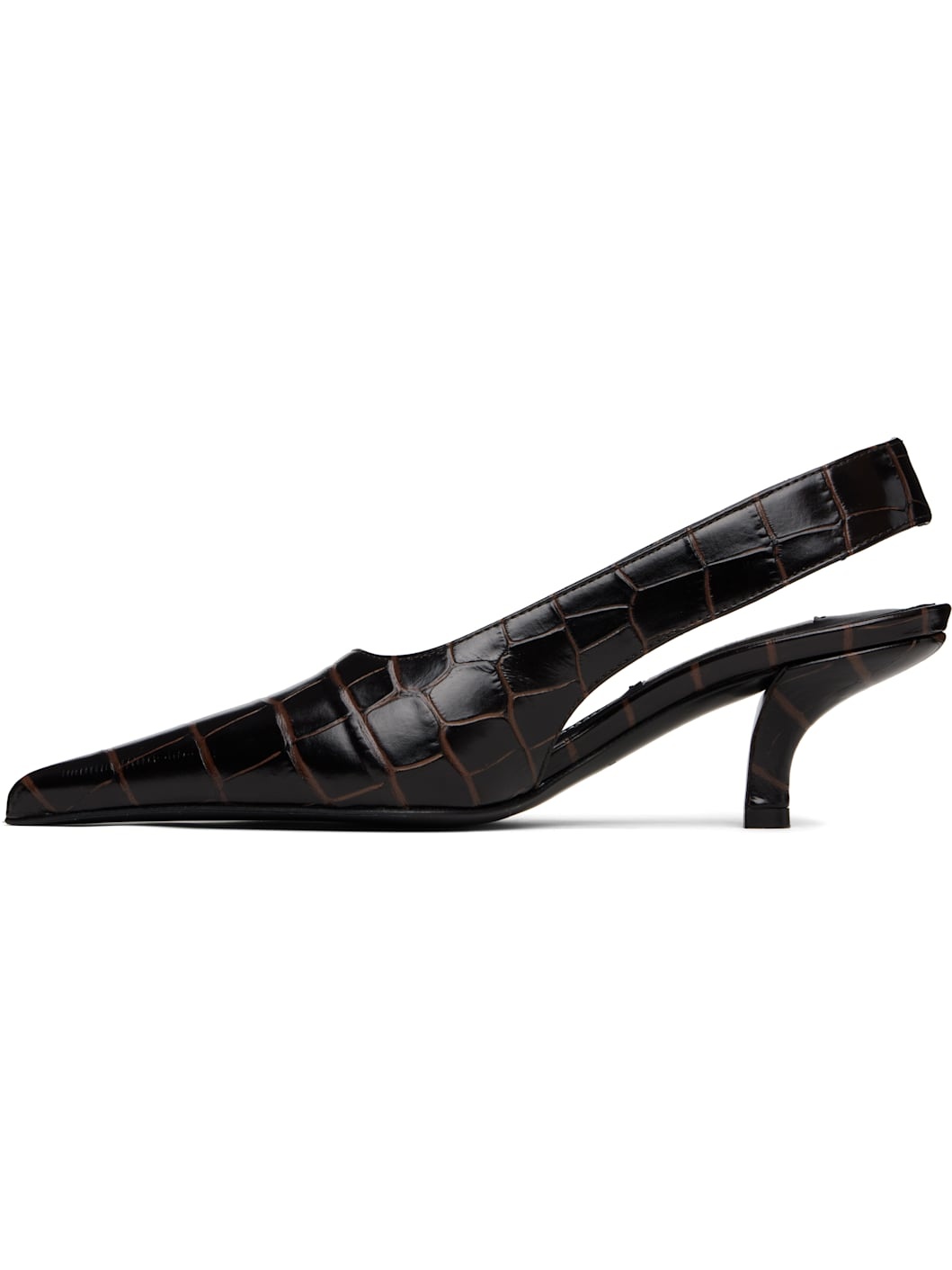 Brown Classic Croco-Embossed Slingback Heels - 3