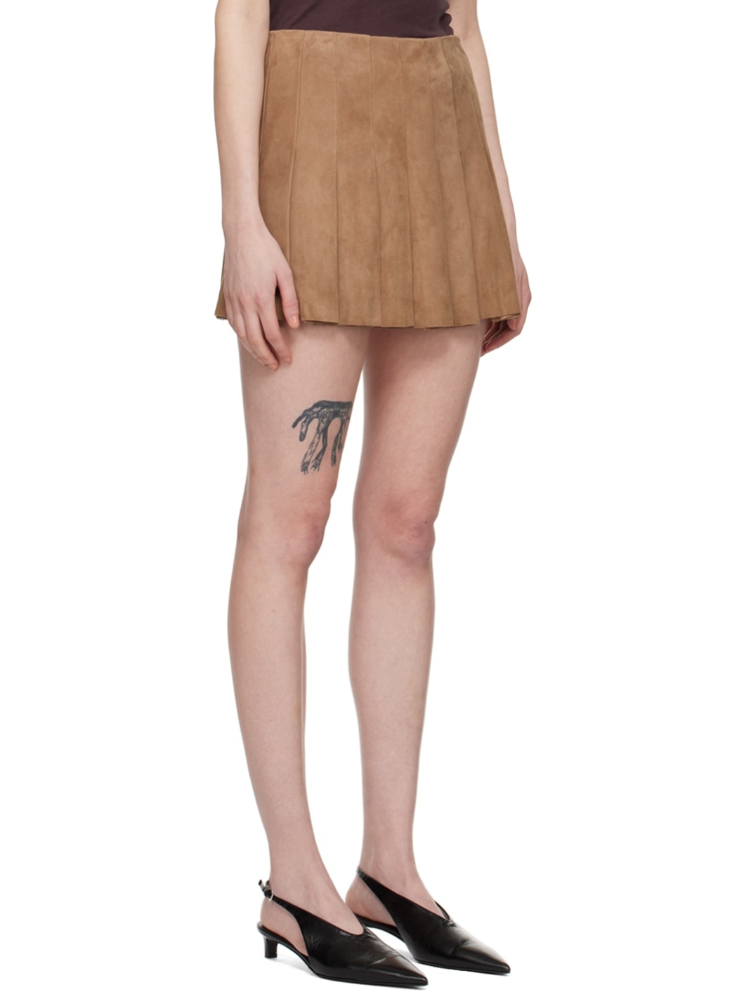 Tan Pleated Suede Miniskirt - 2