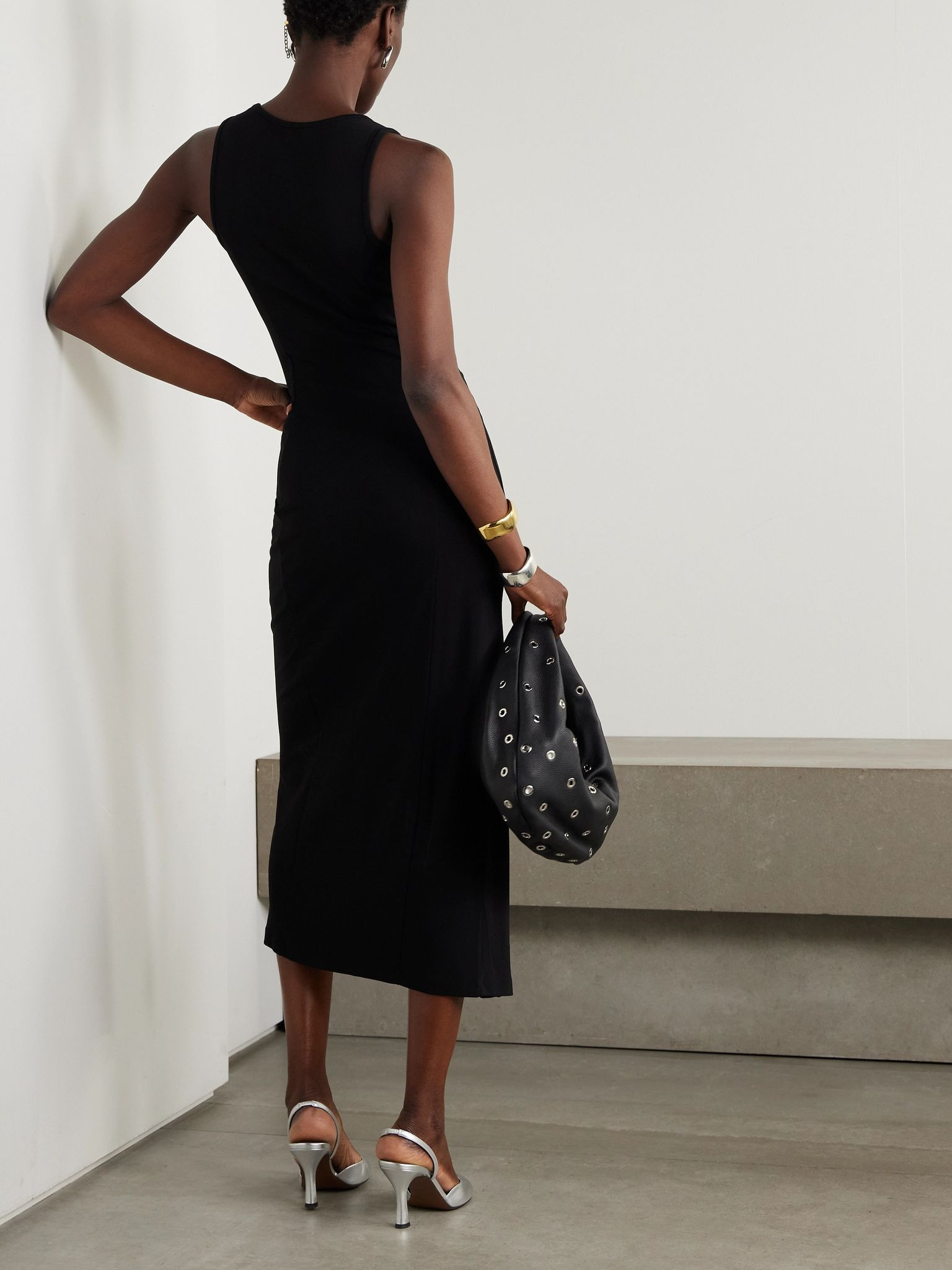 Gathered embellished jersey midi dress Black - 3