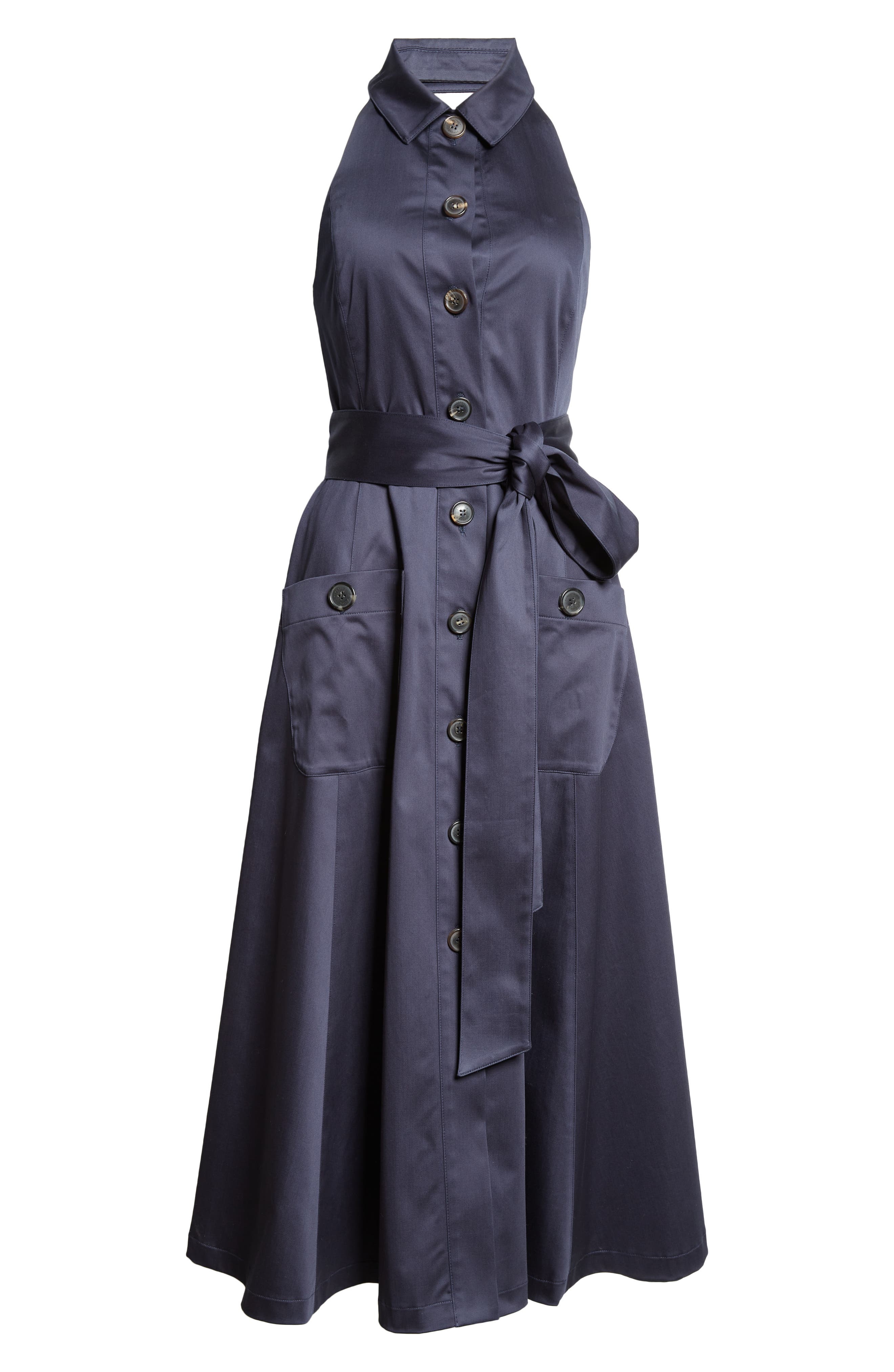 Carolina Herrera Halter Neck Belted Stretch Cotton Sateen Shirtdress in Midnight at Nordstrom - 5