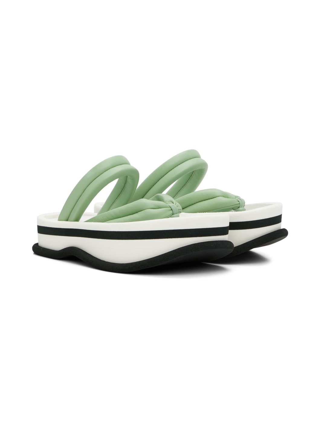 Green & White Leather Flat Sandals - 4