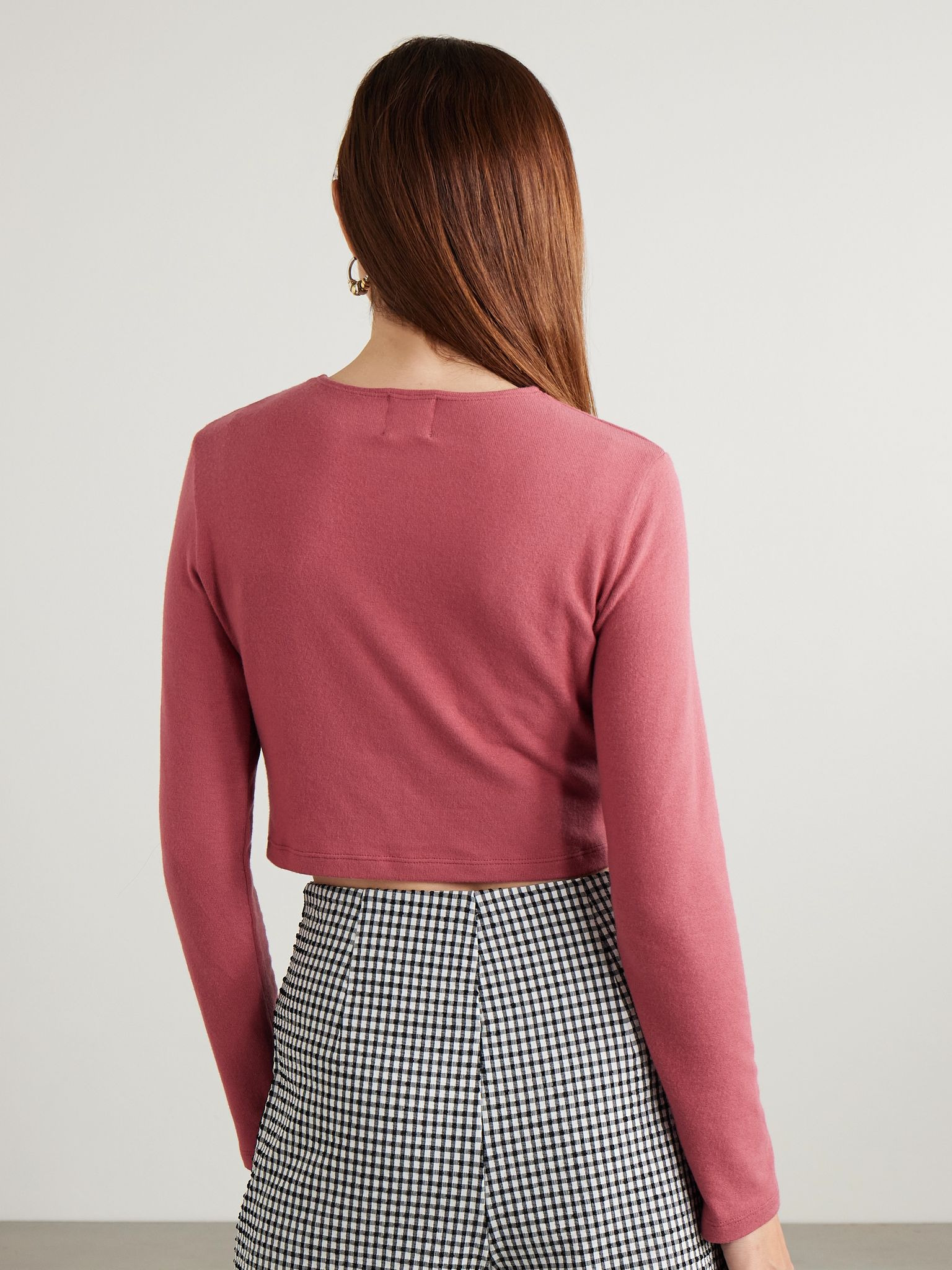 Lauren cropped brushed stretch-knit cardigan Claret - 4