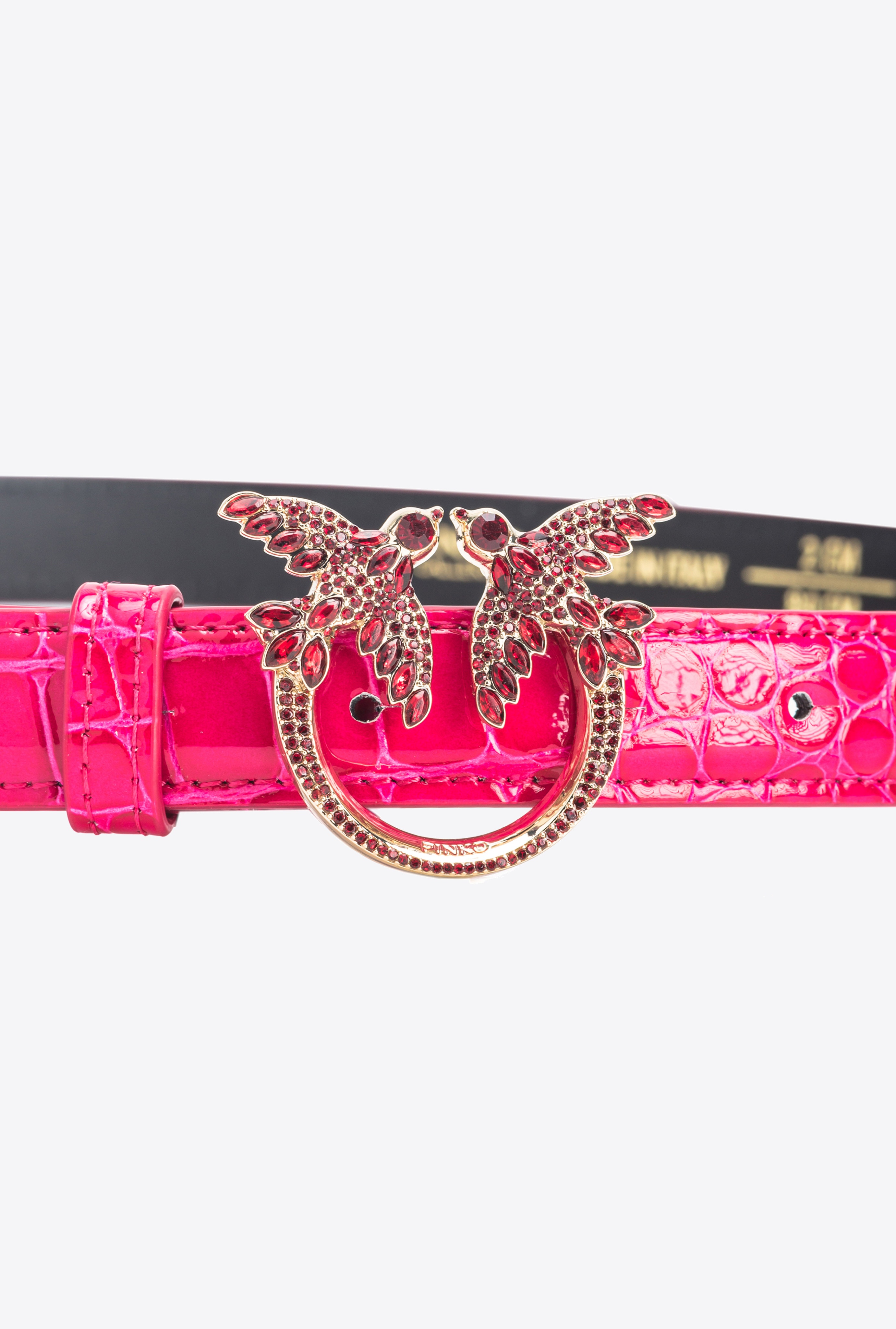 PINKO GALLERIA THIN 2CM SHINY COLOURED CROC-PRINT BELT WITH LOVE BIRDS BUCKLE - 2
