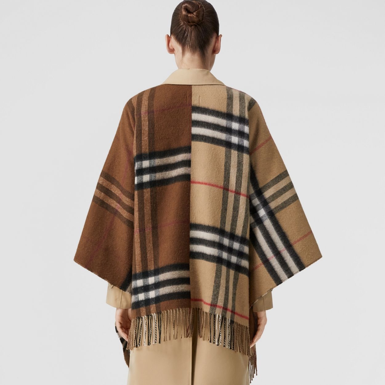 Contrast Check Wool Cashmere Cape - 4