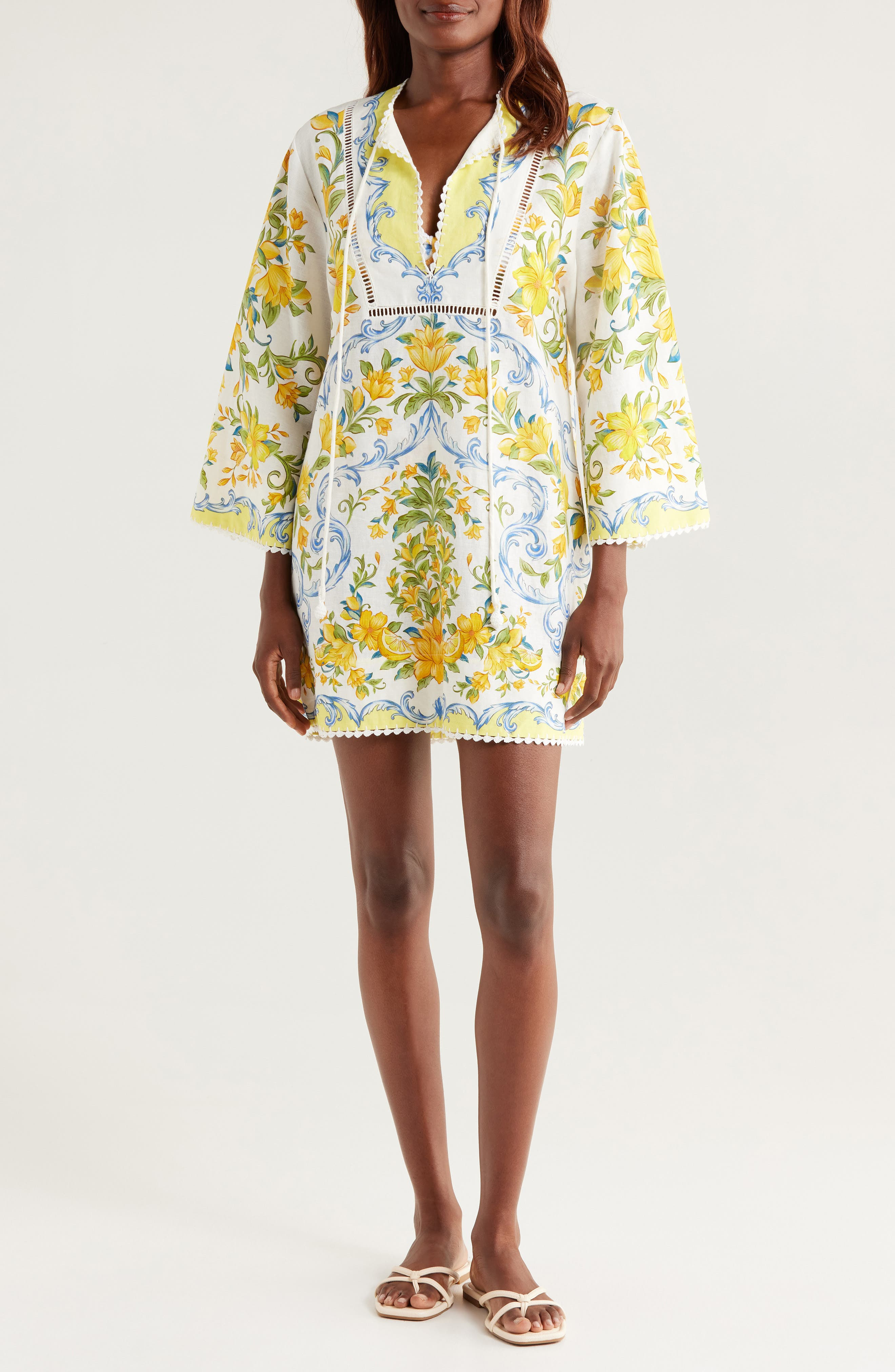 FARM Rio Sicily Floral Linen Blend Cover-Up Minidress in Off-White at Nordstrom - 1