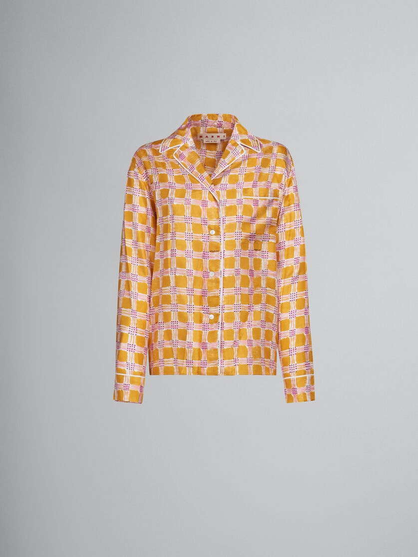 YELLOW SILK TWILL PYJAMA SHIRT WITH CHECK FIELDS PRINT - 1