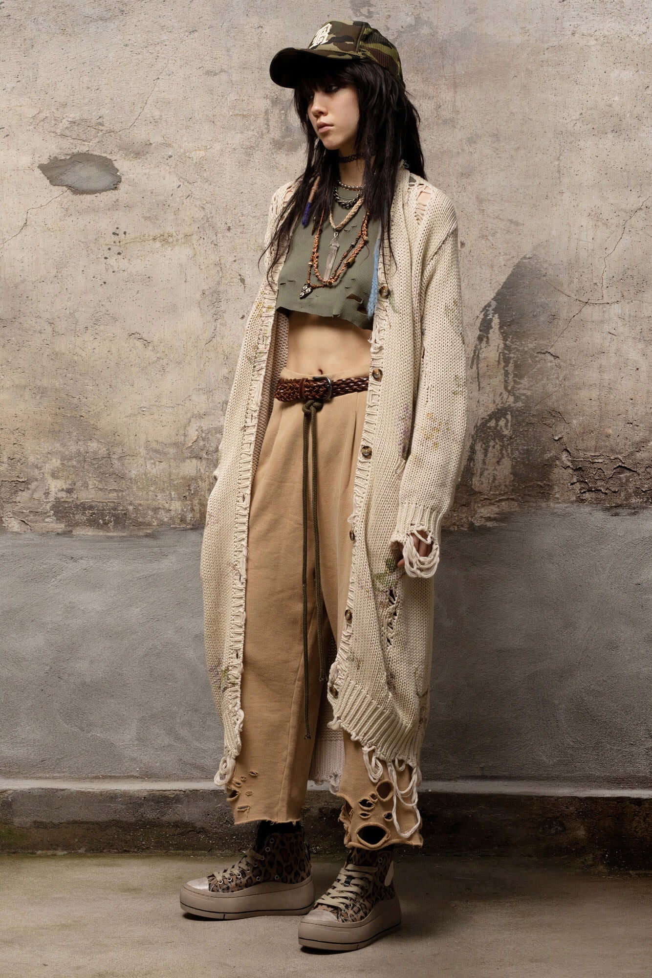 DISTRESSED LONG CARDIGAN - FLORAL ON KHAKI - 1