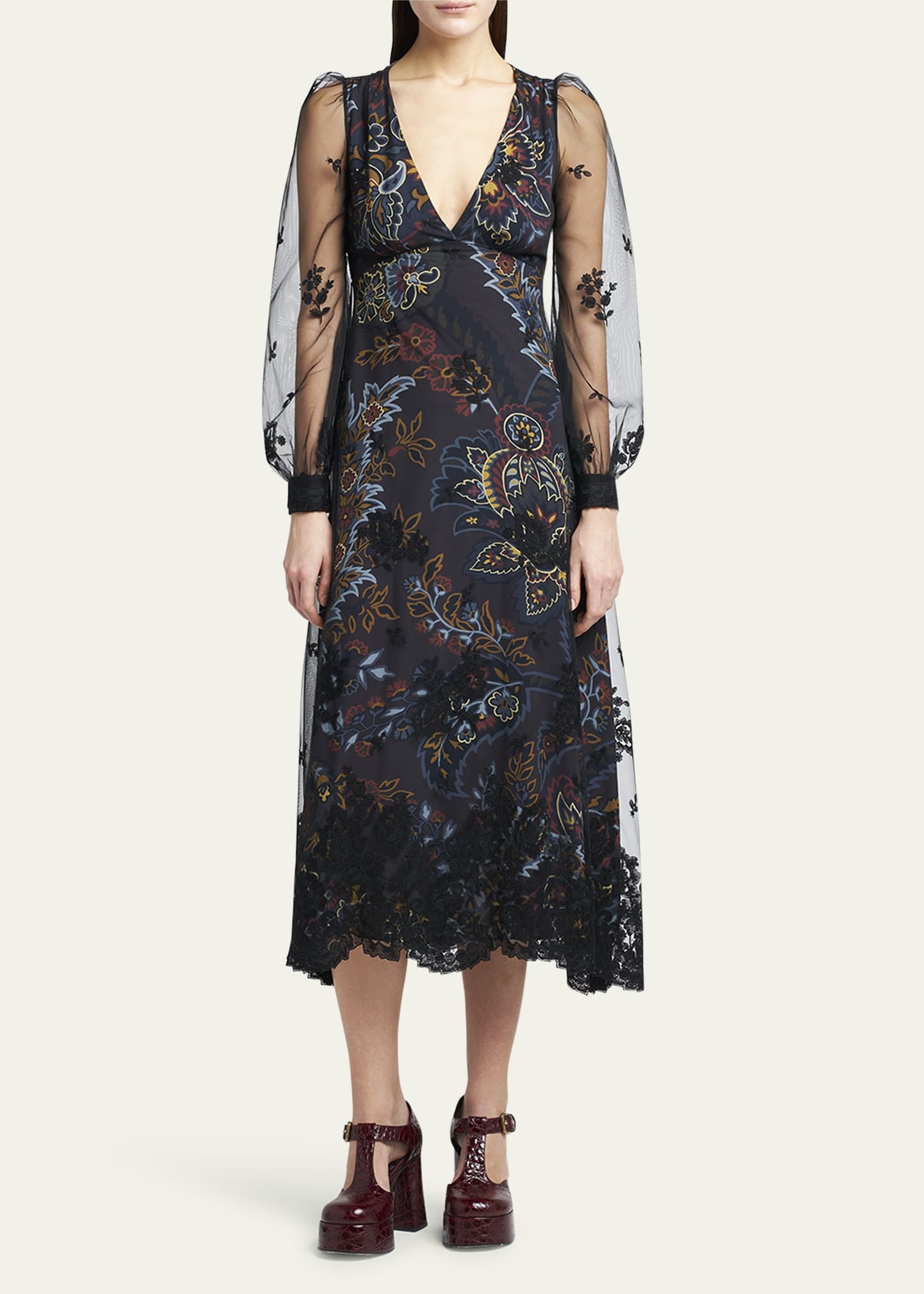 Printed Floral Embroidered Balloon Sleeve Midi Dress - 2