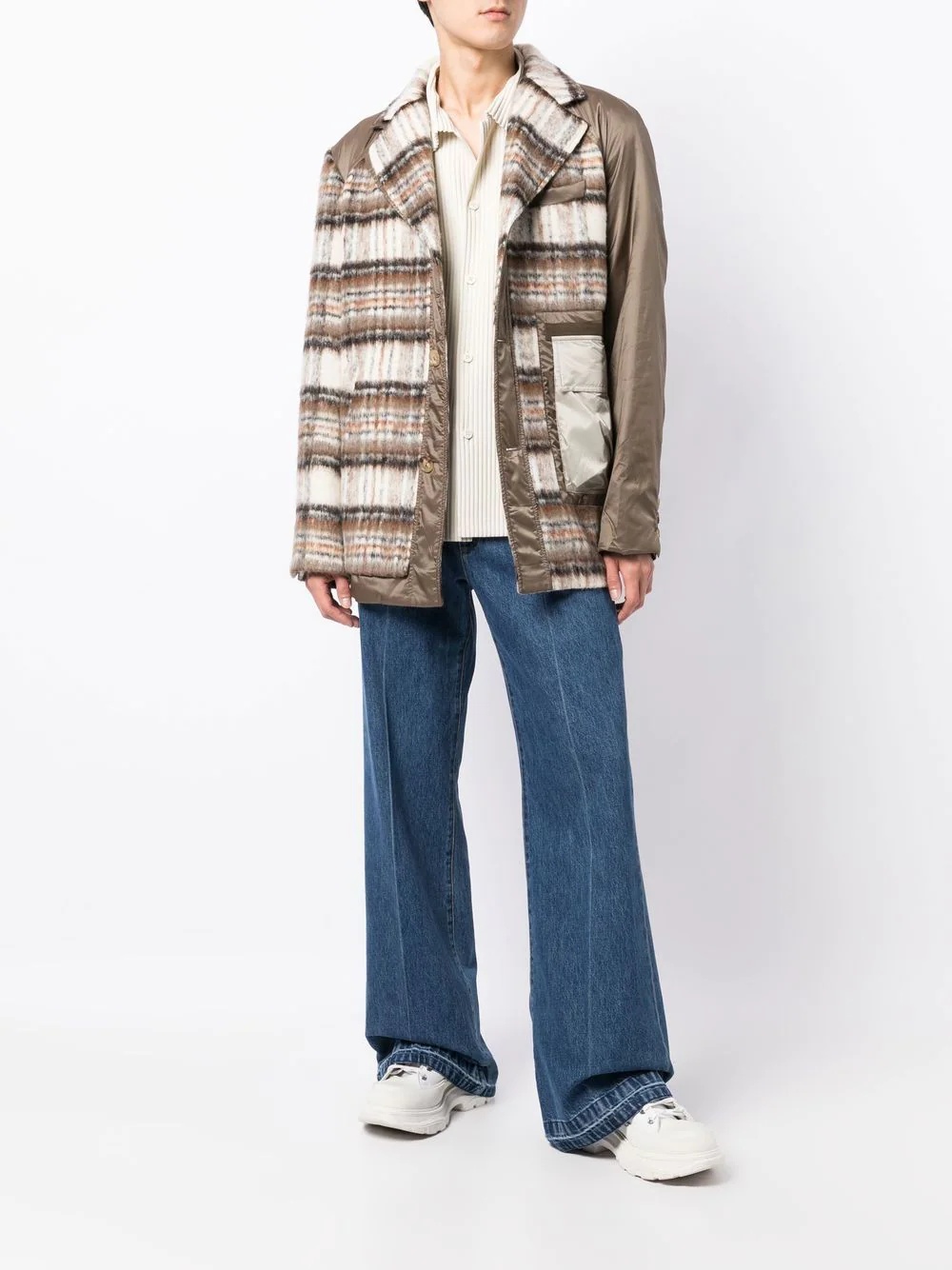 plaid panelled button-up coat - 2