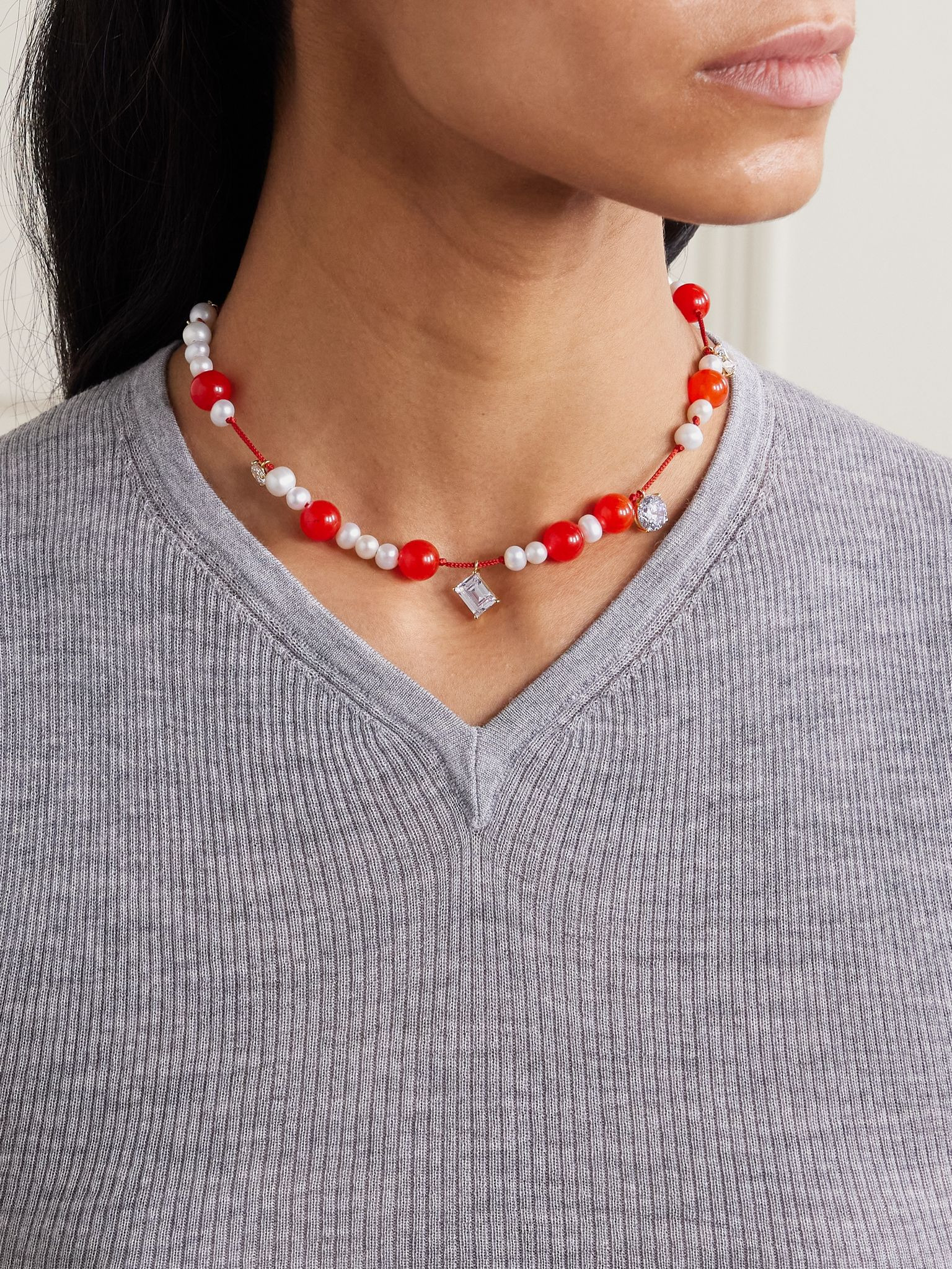 Recycled gold vermeil, cord, pearl, bead and crystal necklace Orange - 2