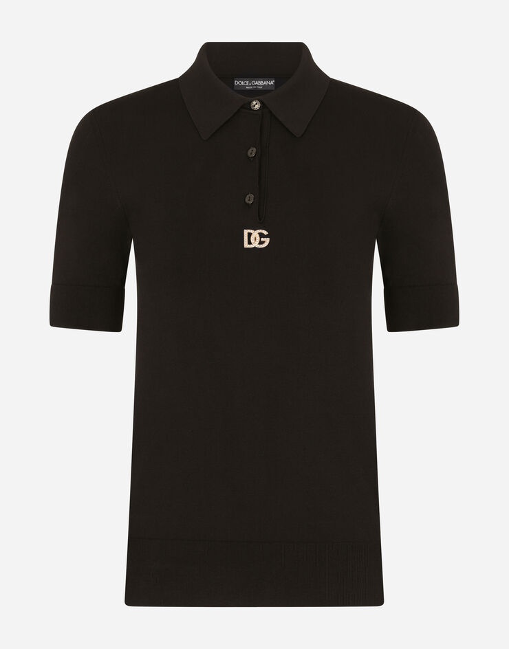 Short-sleeved viscose polo-shirt with crystal DG embellishment - 3