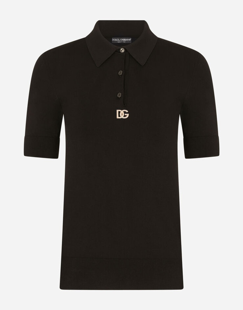 Short-sleeved viscose polo-shirt with crystal DG embellishment - 1