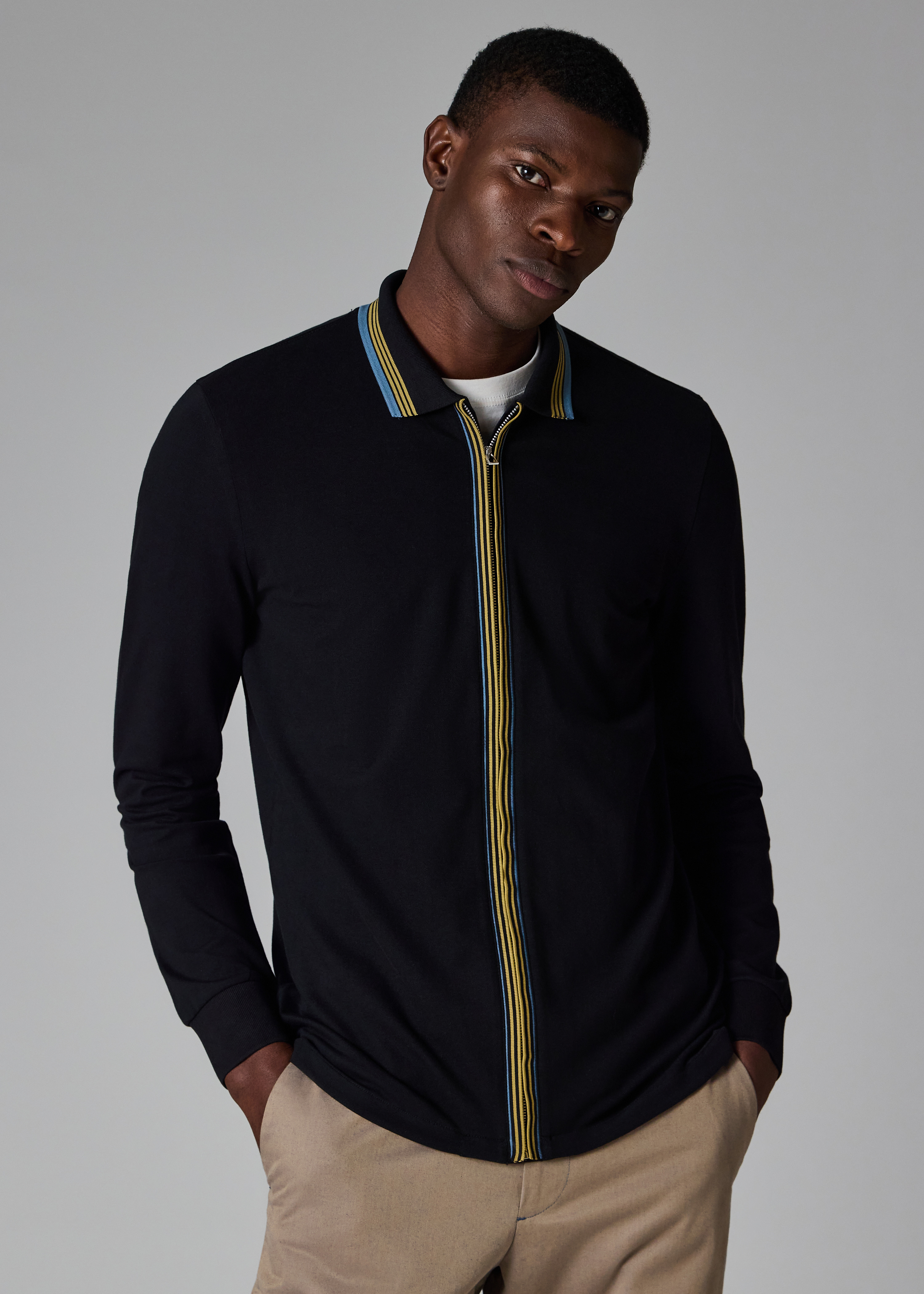 Black Contrast Tipping Full-Zip Long-Sleeve Polo Shirt - 3