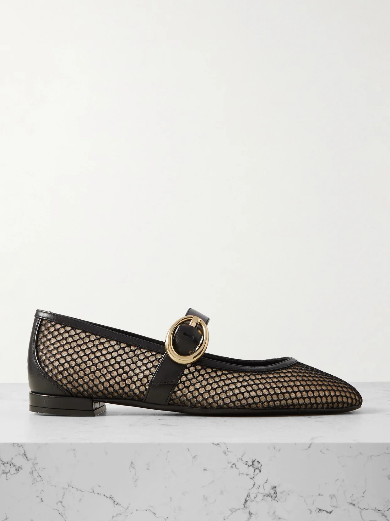 Arabella Buckled Leather-trimmed Mesh Mary Jane Flats - 1