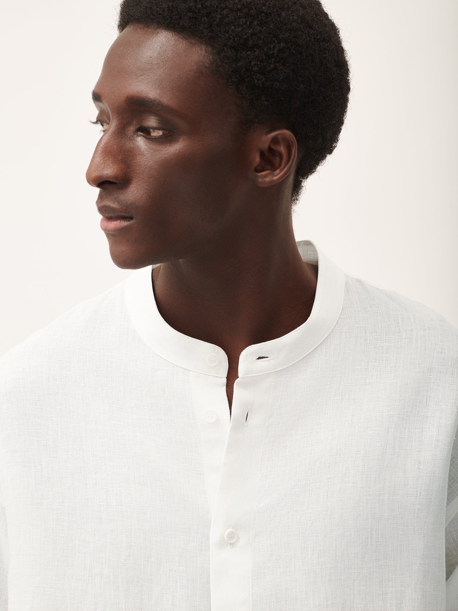 Mens DNA Aloe Linen Mandarin Collar Long Sleeve Shirt - Off-White - 2